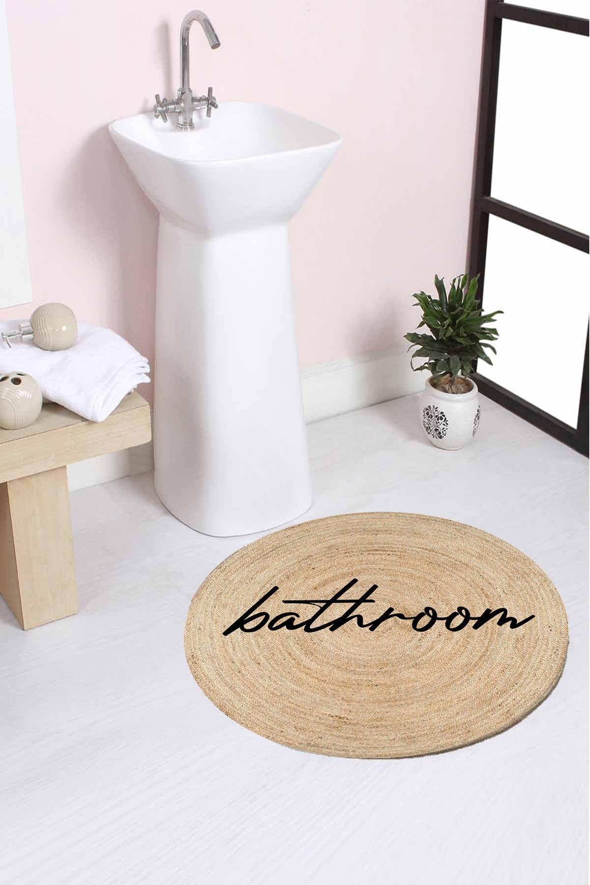 Bathroom Written Rope Straw Jute Knit Round Carpet Bath Mat 80x80cm - Swordslife