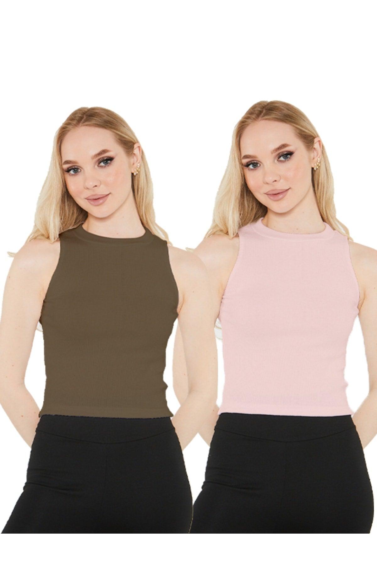 Women's Powder Khaki Halter Neck Corduroy 2-Pack Crop Blouse - Swordslife