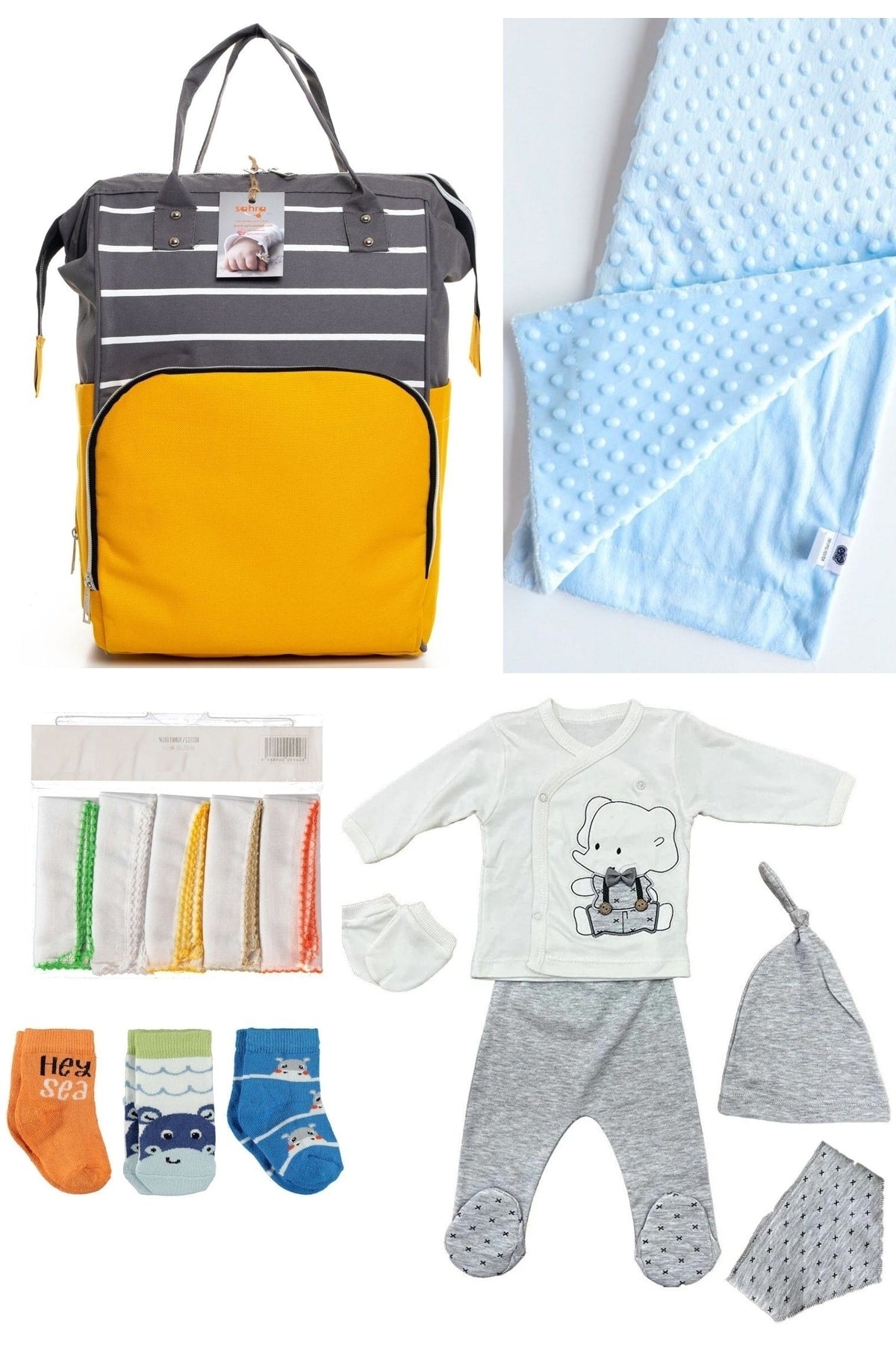 5 Piece Maternity Set (Baby Care Backpack, Hospital Exit, Chickpea Blanket, 10 Wipes and 3 Socks)