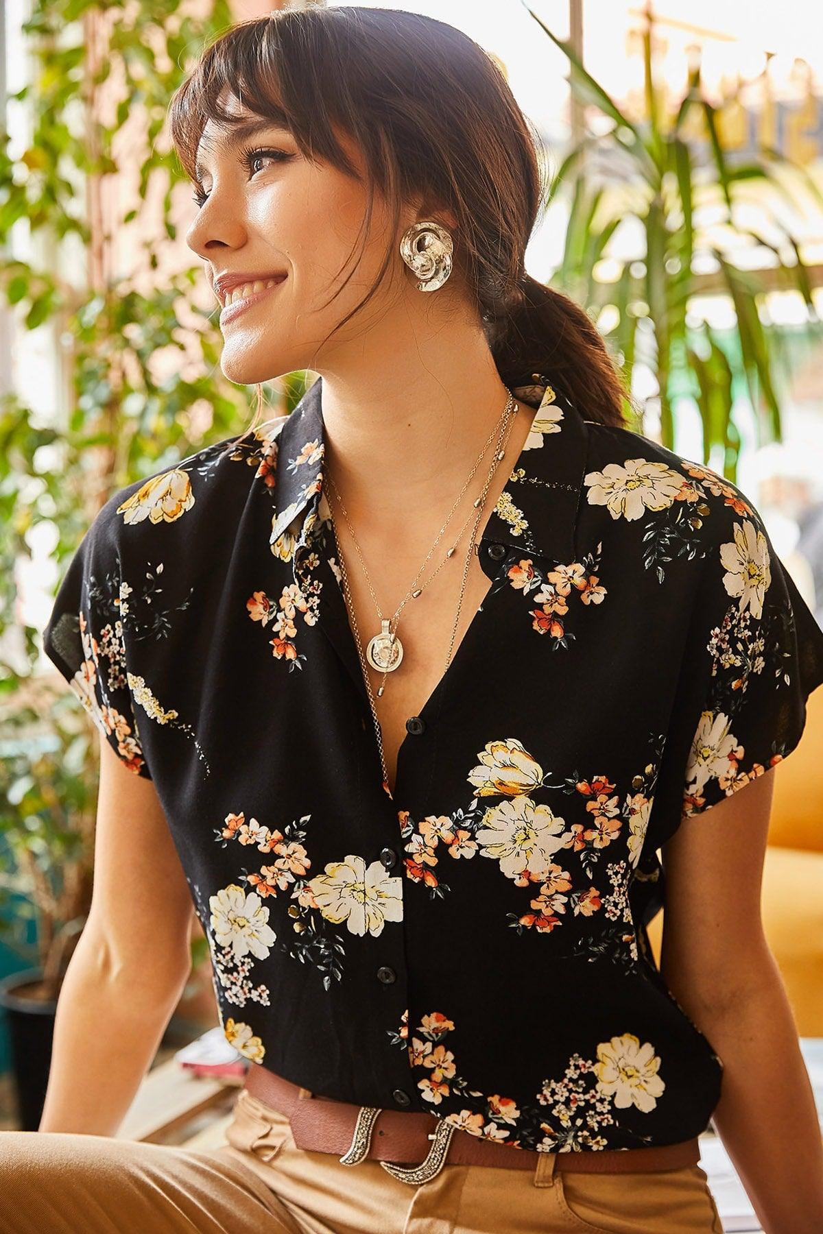 Women's Black Mustard Floral Bat Viscose Shirt GML-19000613 - Swordslife