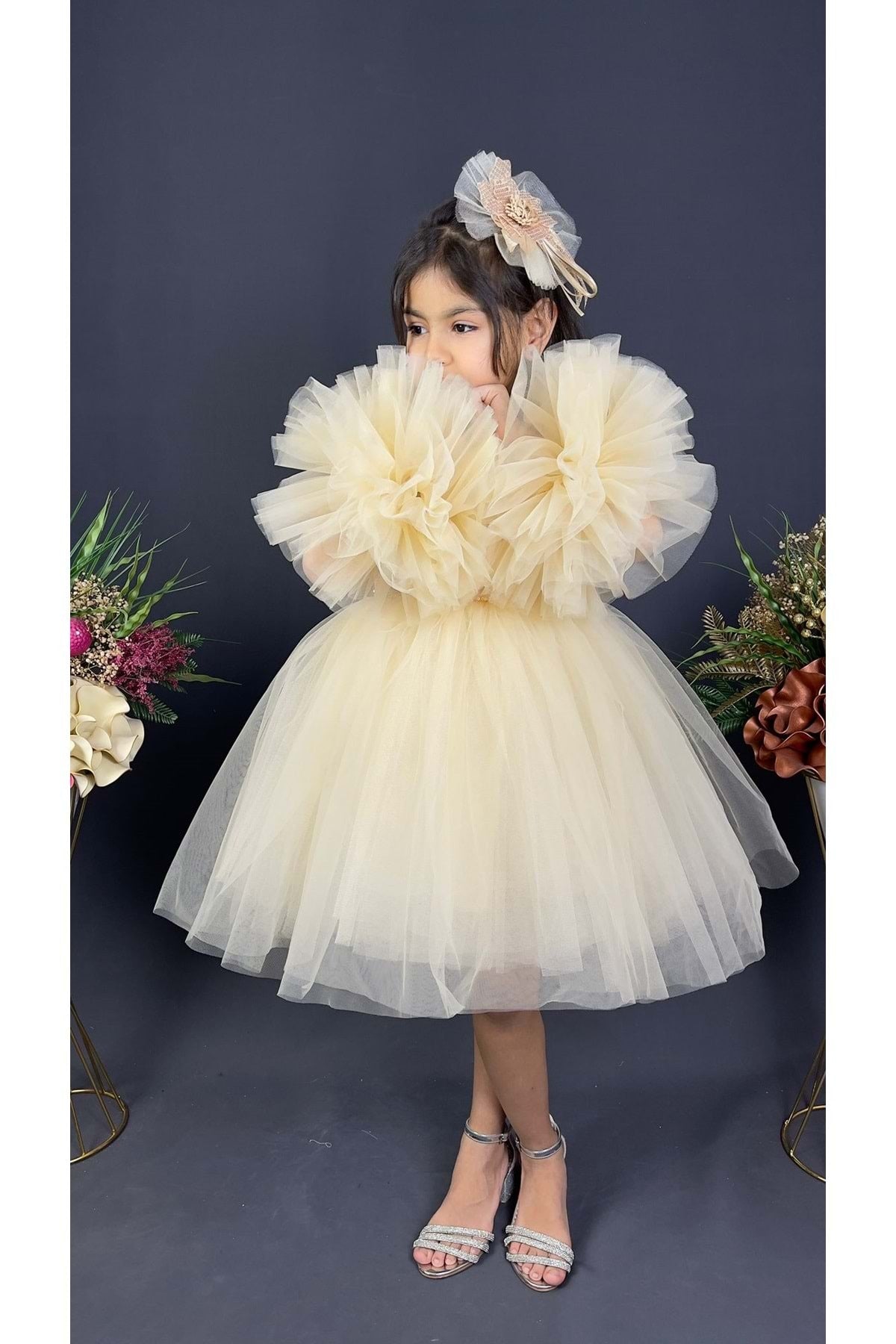 Chiffon Robe Pompom Sleeve Sequined Girls Fluffy Skirt Tulle Evening Dress Ecru