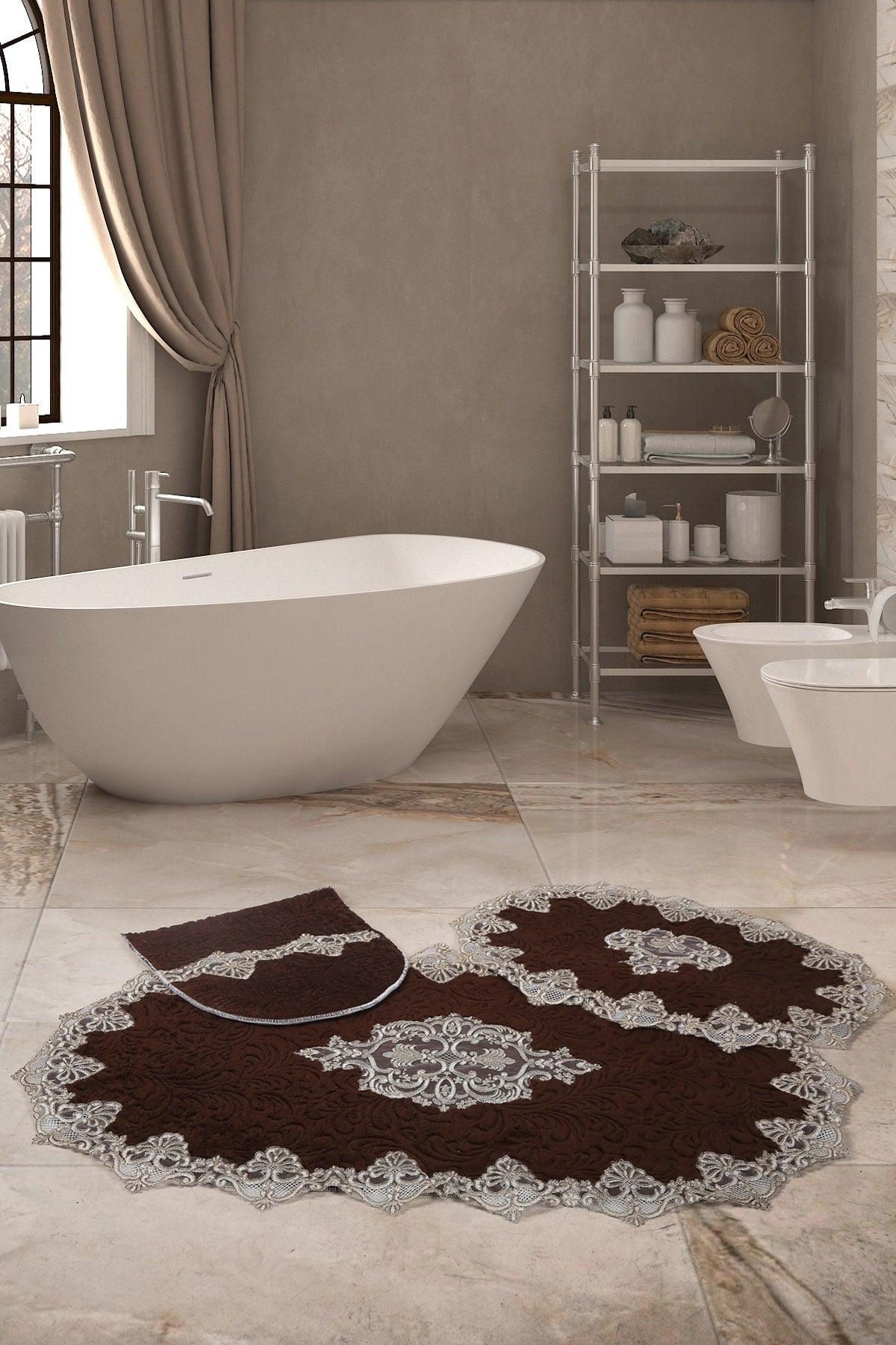 Aplique Lux Brown 3-Piece French Lace Bathroom Carpet Dowry Closet Set Mat Set - Swordslife