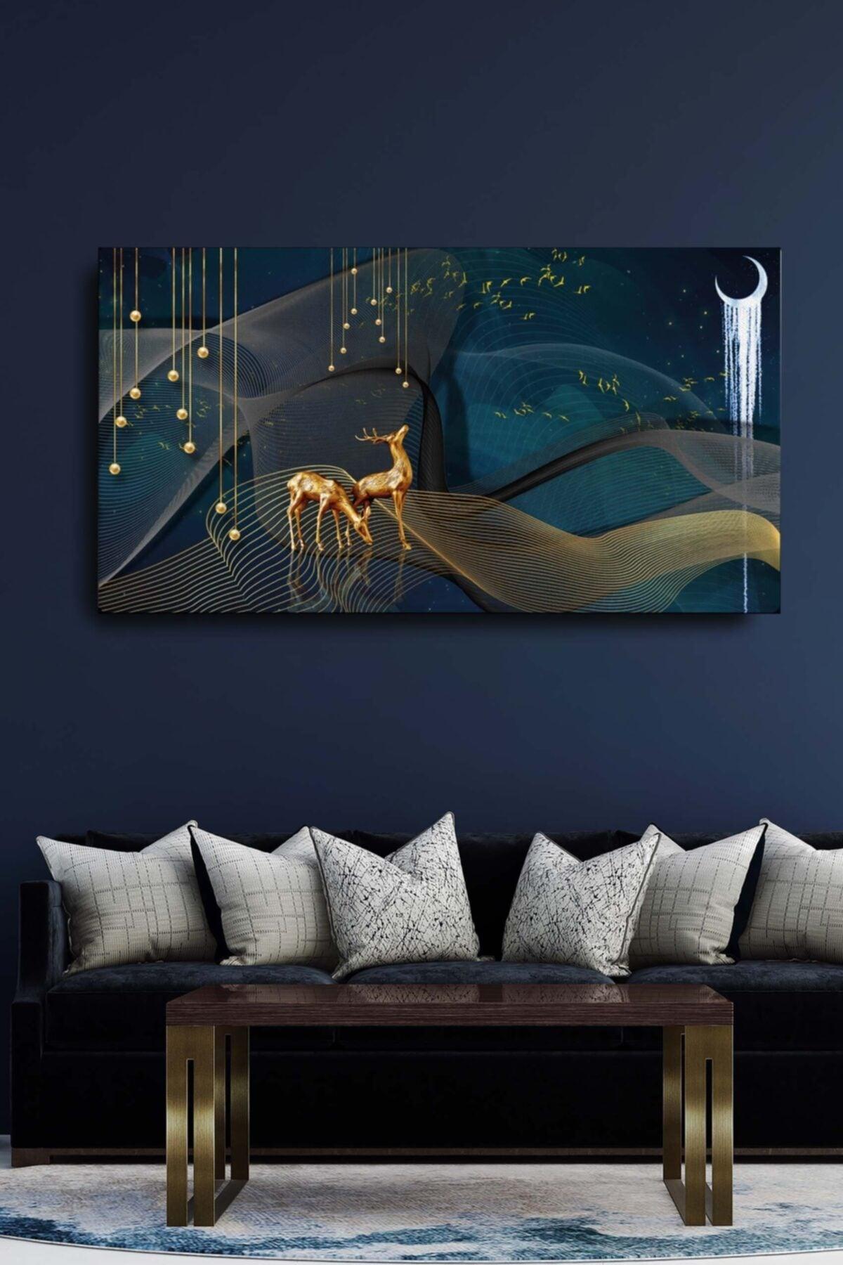 Decorative Abstract Golden Deer And Birds Surreal Canvas Wall Painting 120x60cm Large Size Painting - Swordslife