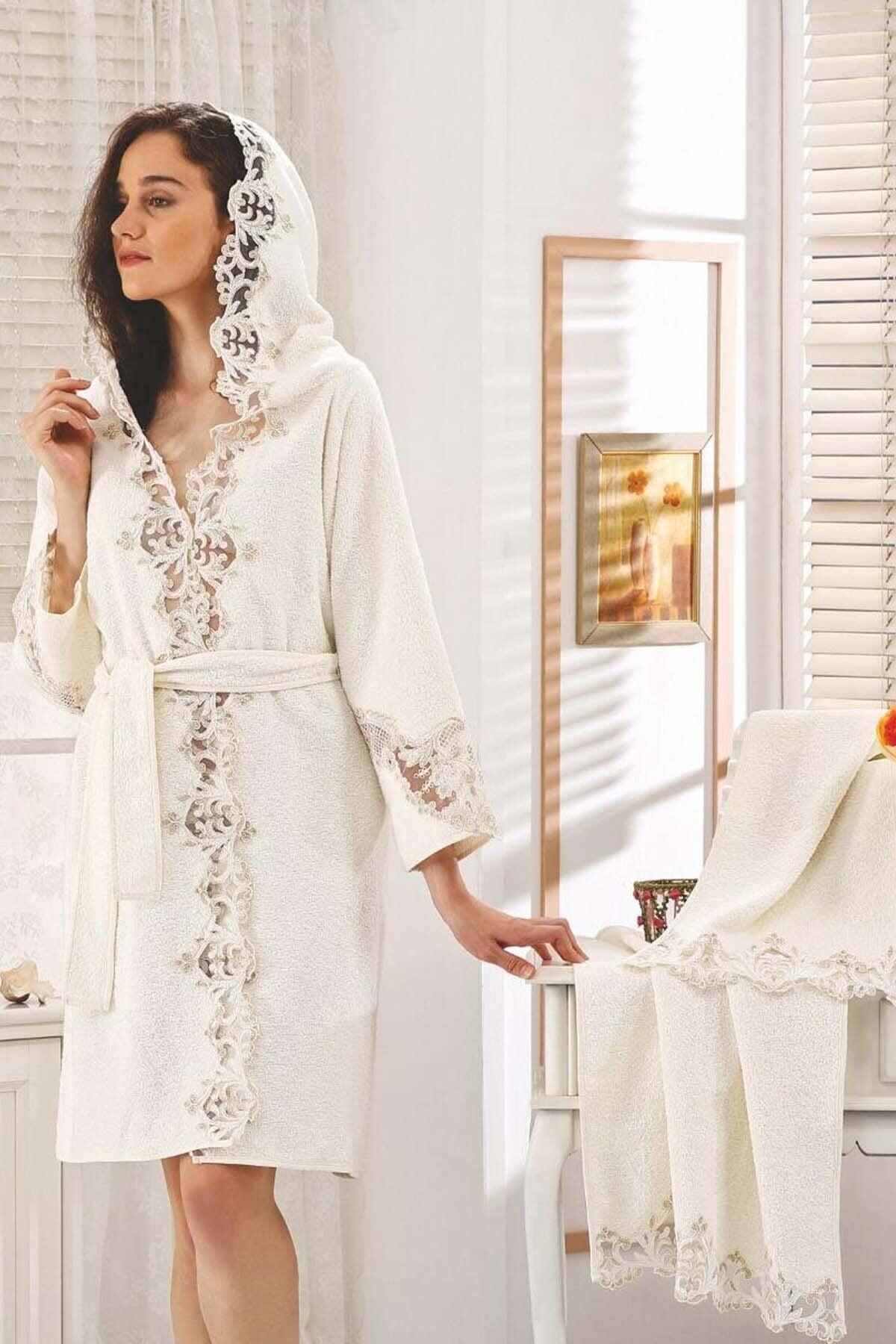 Rose Cream French Lace Honeymoon Dowry Hammam Bathrobe Set - Swordslife