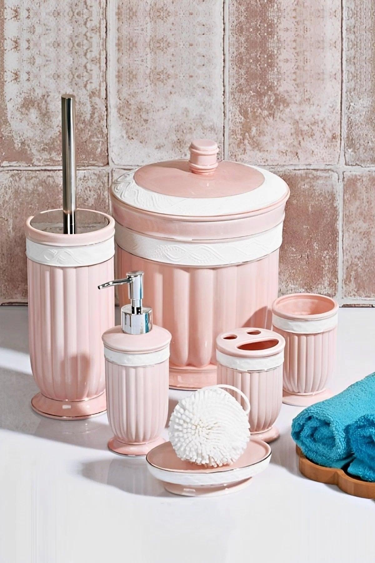 Pink 6 Pcs Porcelain Bathroom Set Wc Brush Solid Liquid Soap Dispenser Toothpaste Dispenser Brush Holder Trash Can Set - Swordslife