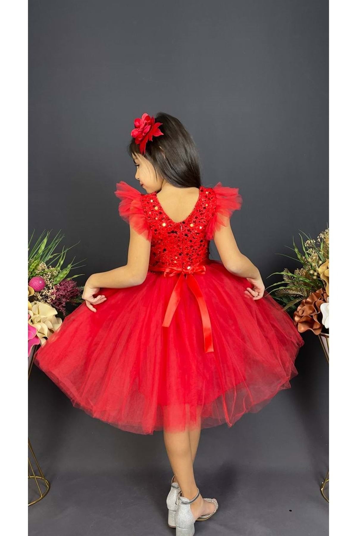 Earring Sequin Sequin Tulle Girl Child Dress MNK0526 RED