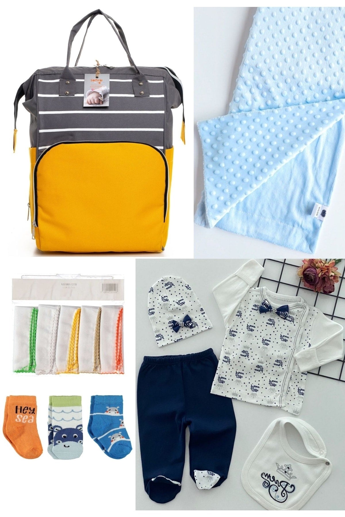 5 Piece Maternity Set (Baby Care Backpack, Hospital Exit, Chickpea Blanket, 10 Wipes and 3 Socks)