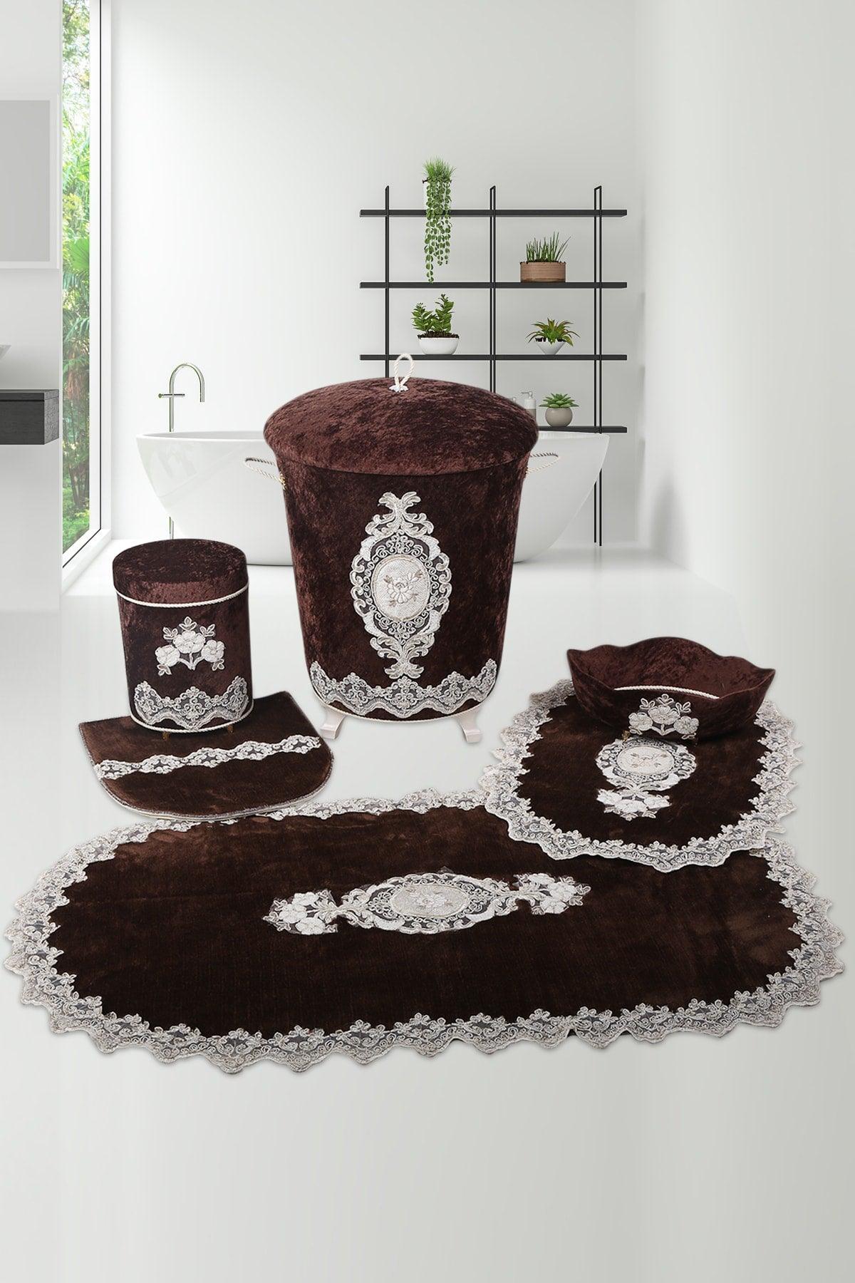 Lisa Coffee 6 Piece Lacy Bathroom Dirty Laundry Basket Set Bath Mat Set - Swordslife