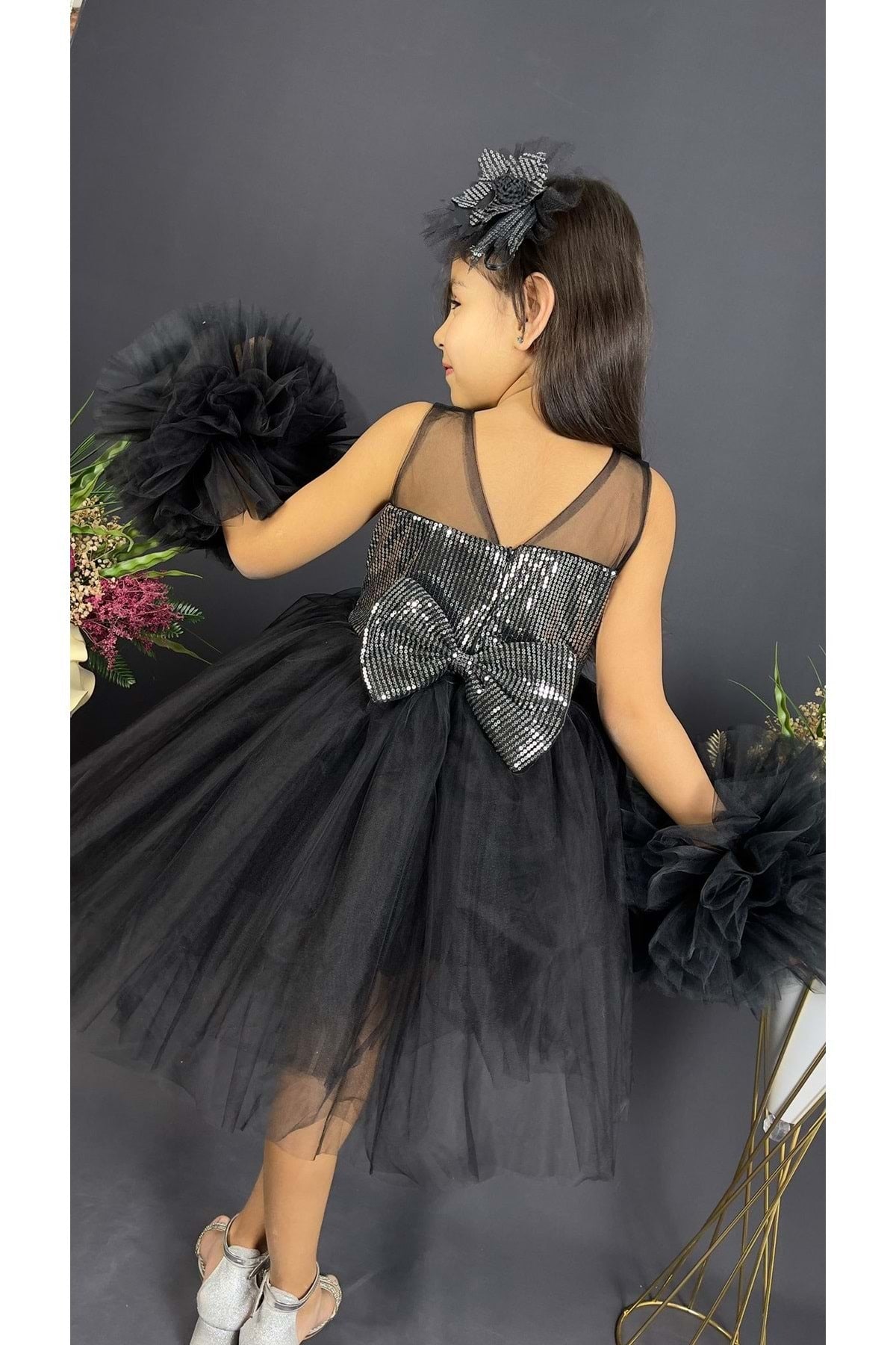 Chiffon Robe Pompom Sleeve Sequined Girls Fluffy Skirt Tulle Evening Dress Black - Gray
