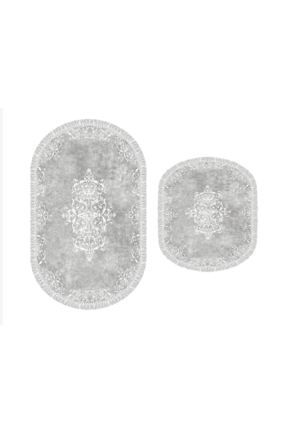 Oval Fringe 2-Piece Bath Mat Set Alberta Gray - Swordslife