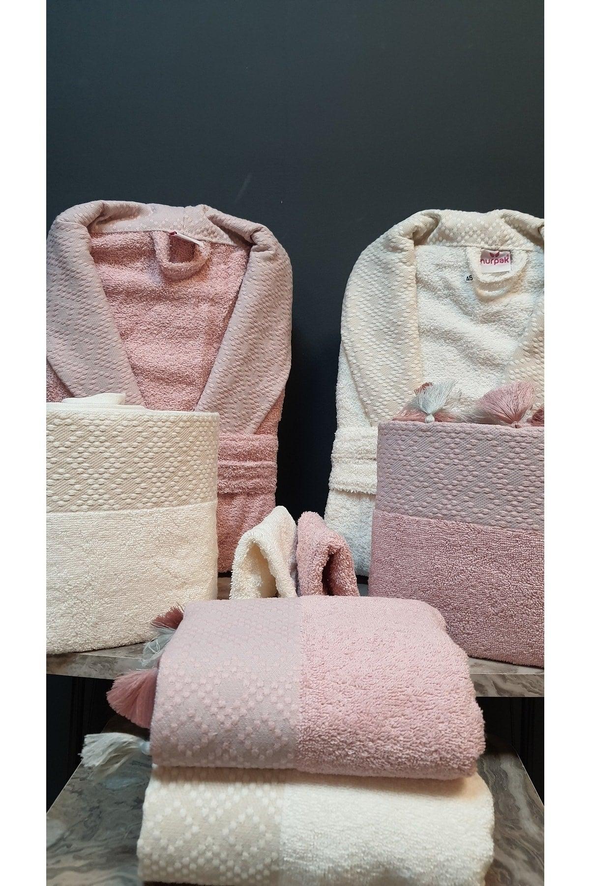 Safir Family Bathrobe Set 100% Cotton Cream Rose Dry 8 Pcs - Swordslife