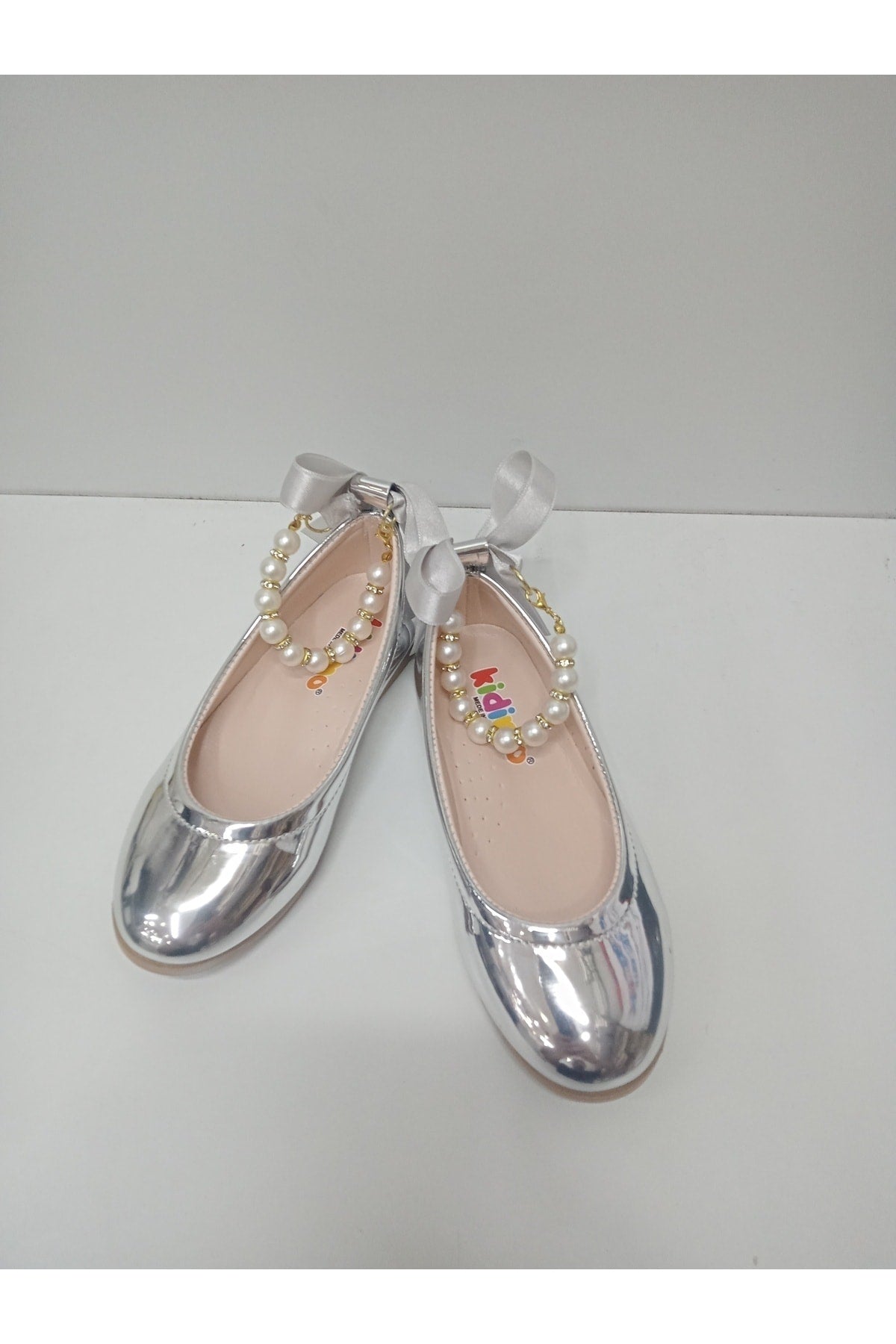GIRLS' PEARL STONES SILVER MIRROR ORTHOPEDIC FLATS
