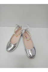 GIRLS' PEARL STONES SILVER MIRROR ORTHOPEDIC FLATS