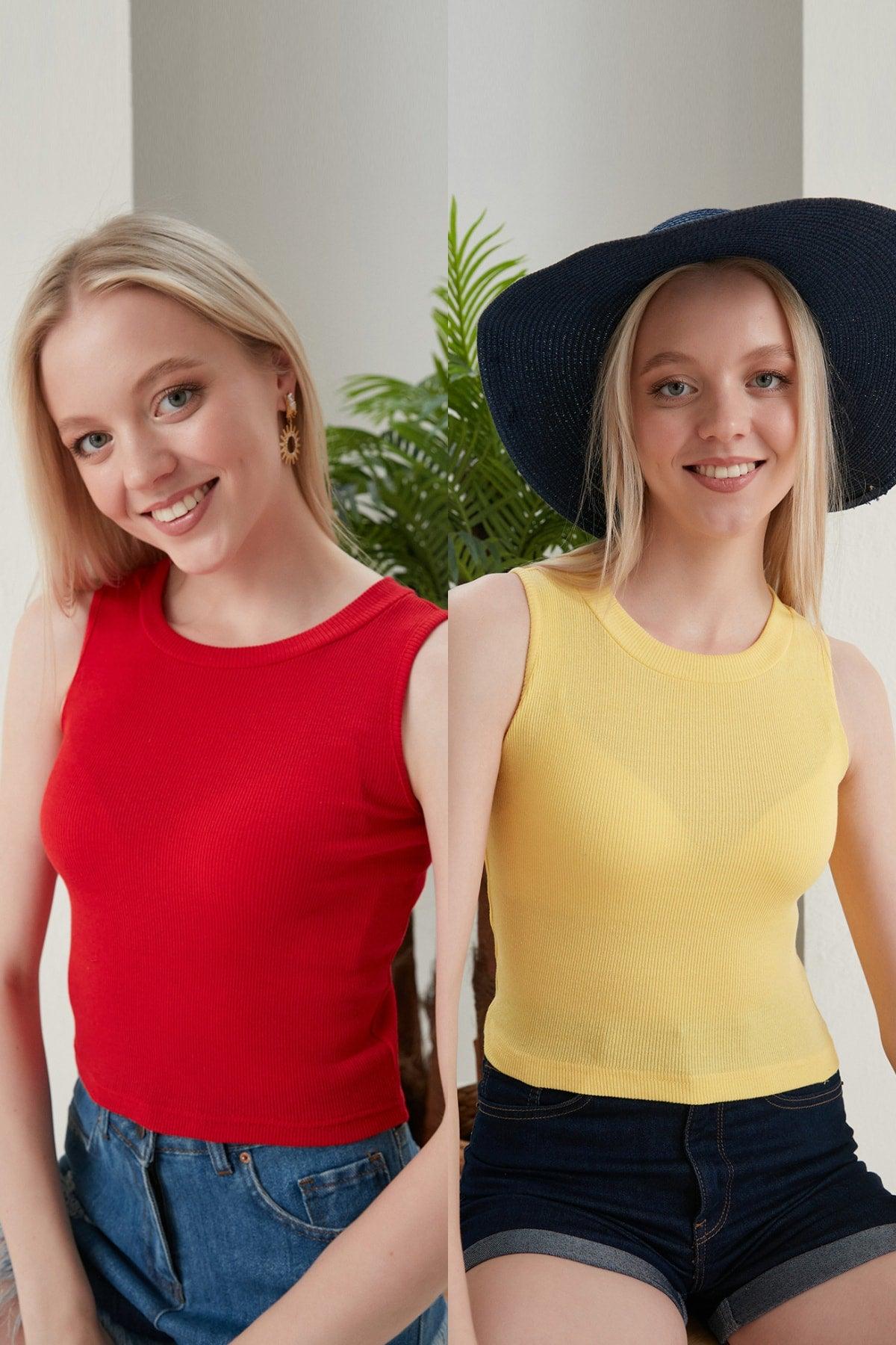 Women's Red Yellow Halter Neck 2 Piece Crop Blouse - Swordslife