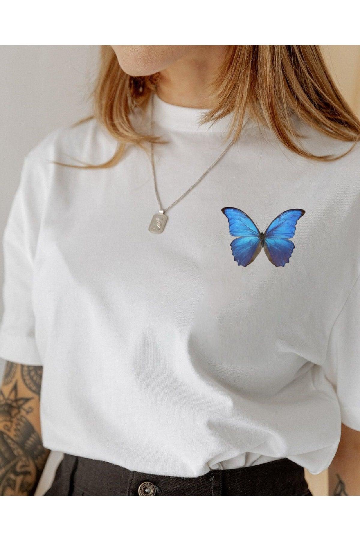 Blue Butterfly Printed Oversized Cotton Combed Cotton Fabric White Tshirt - Swordslife