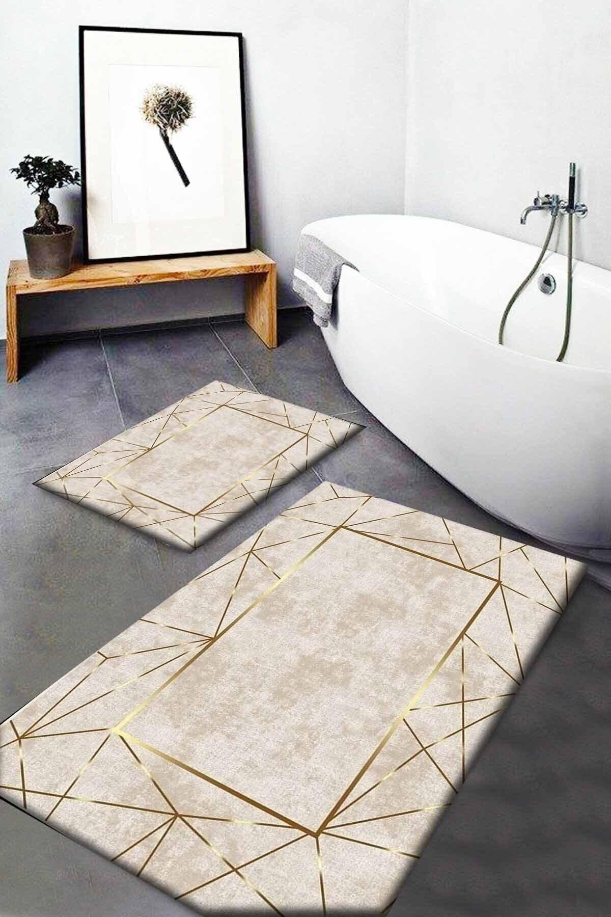 Soho Yellow Brown Marble Patterned Washable Non-Slip Floor 2 Bathroom Carpet Doormat Closet Set - Swordslife