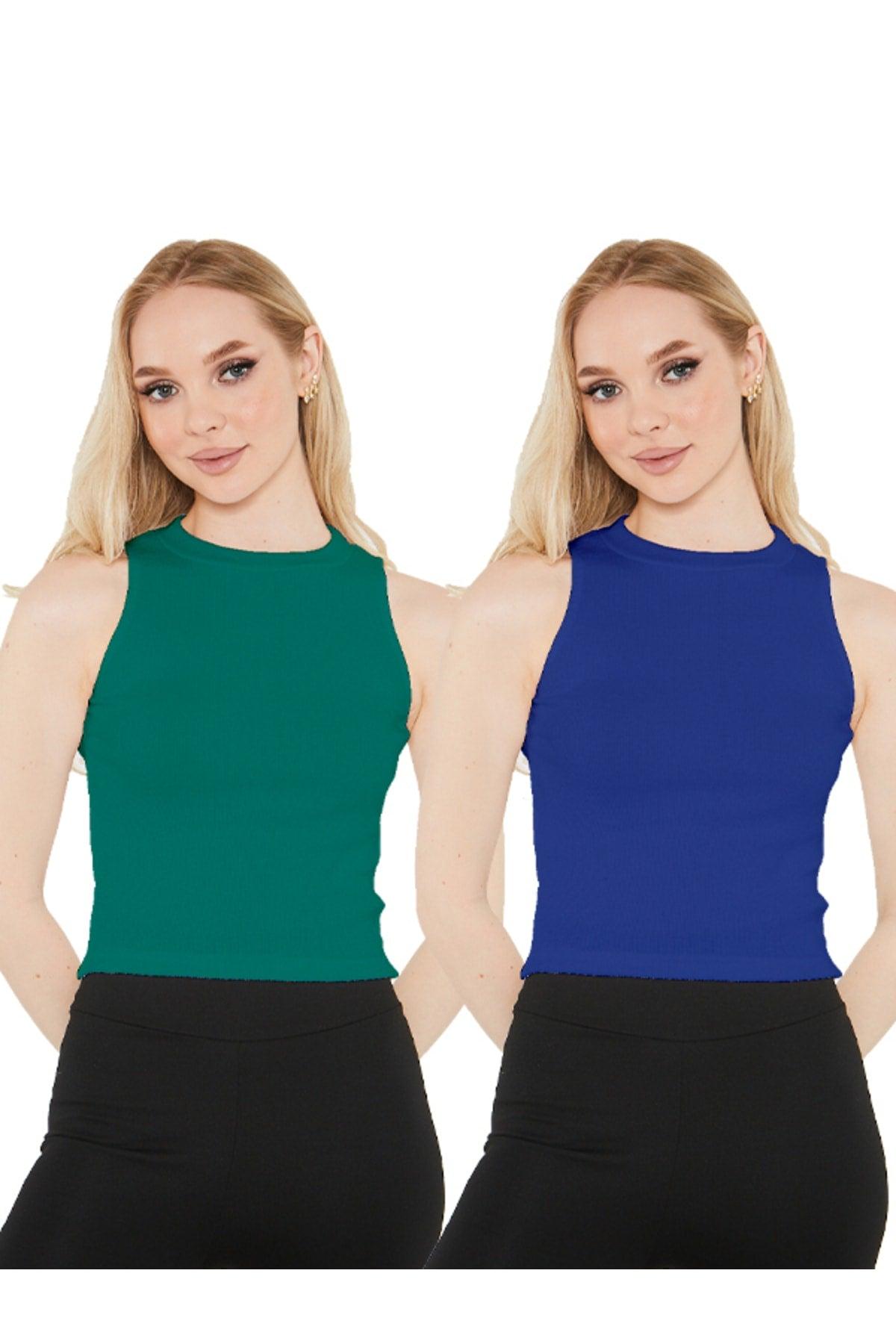 Women's Sax Blue Green Halter Neck 2 Piece Crop Blouse - Swordslife