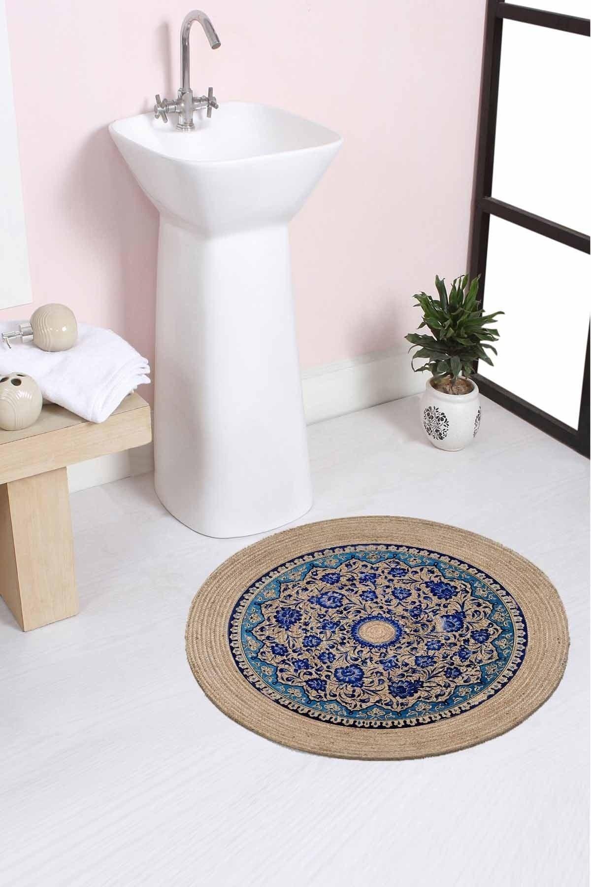 Tile Patterned Rope Straw Jute Knit Round Carpet Bath Mat 80x80cm - Swordslife