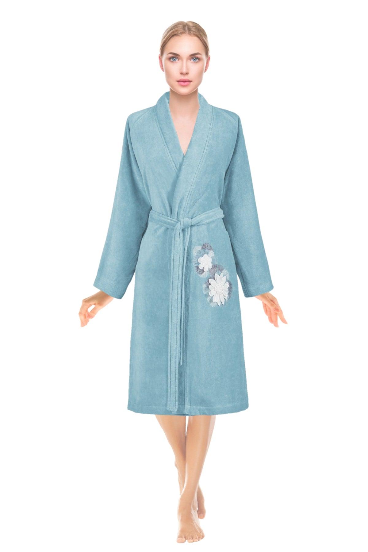 Kimono Bathrobe Velvet Aqua 100% Cotton Single Embroidery Ruched - Swordslife