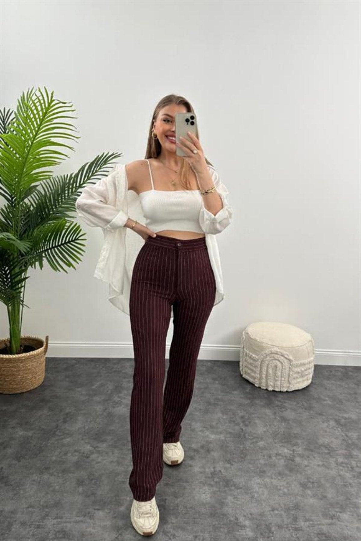 Ultra High Waist Crepe Fabric Lycra Palazzo Striped Trousers Brown - Swordslife