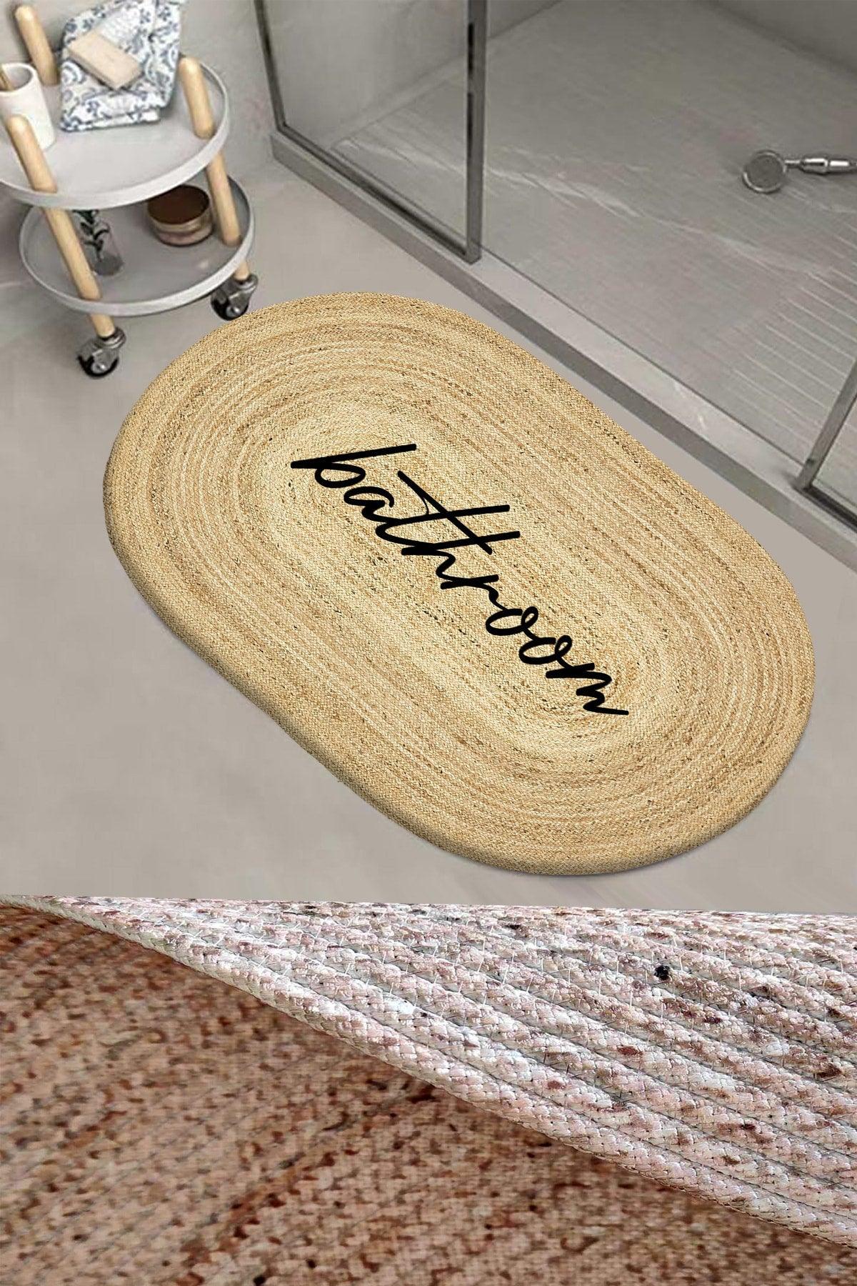 Else Bath Written Patterned Rope Straw Jute Knitted Oval Bathroom Carpet Toilet Seat Shower Mat - Swordslife