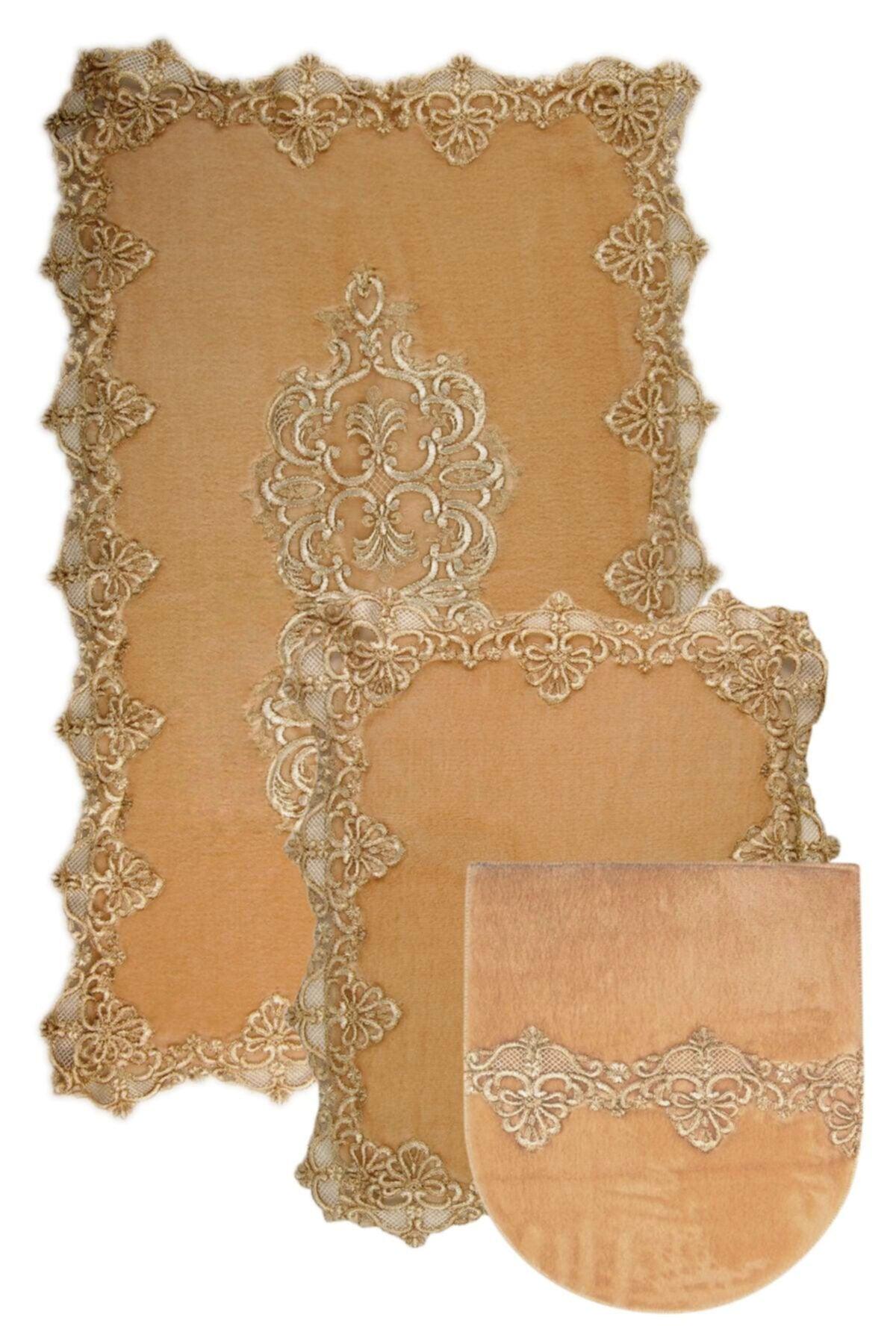 Vizon Gold Palace 3-piece Dowry French Lace Applique Closet Set Bath Mat Set - Swordslife