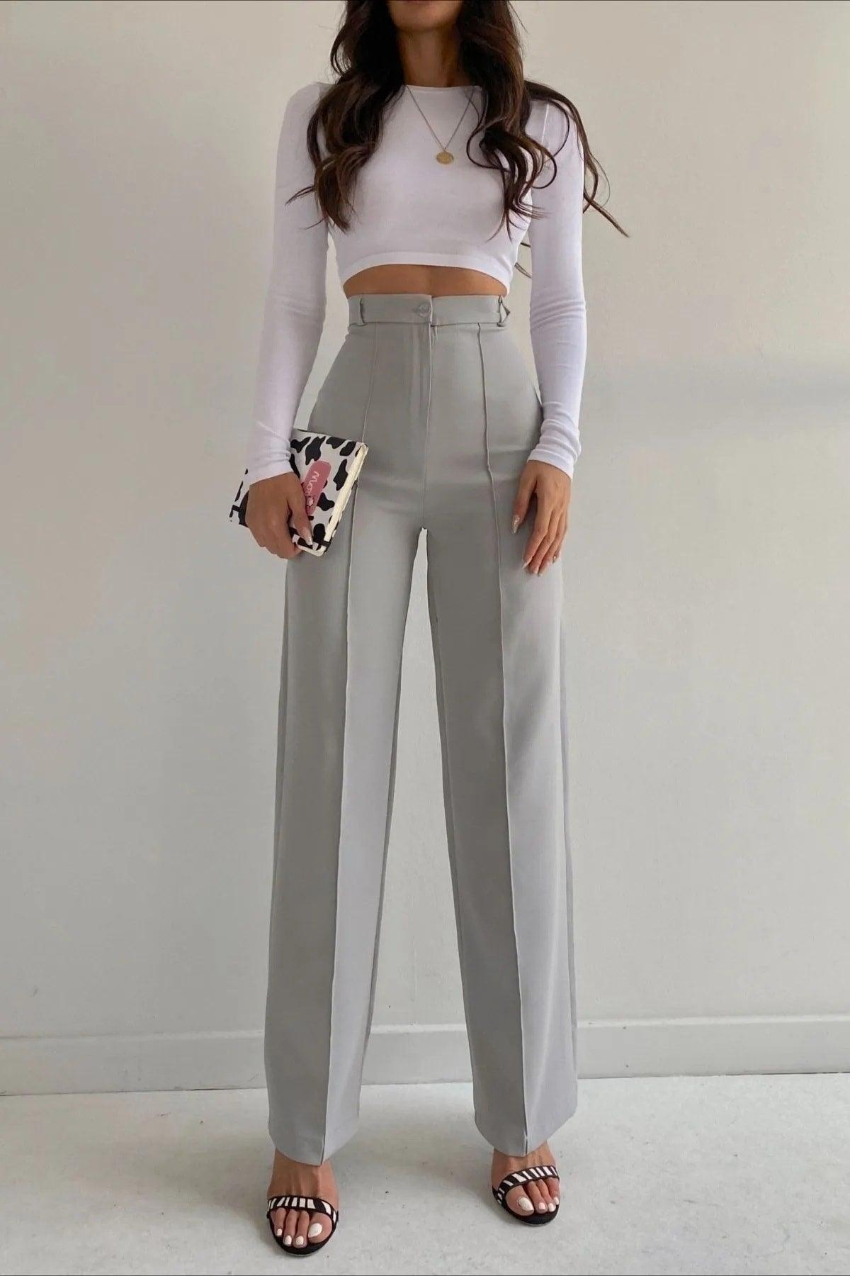 Women's Gray Front Stitched High Waist Palazzo Trousers - Swordslife