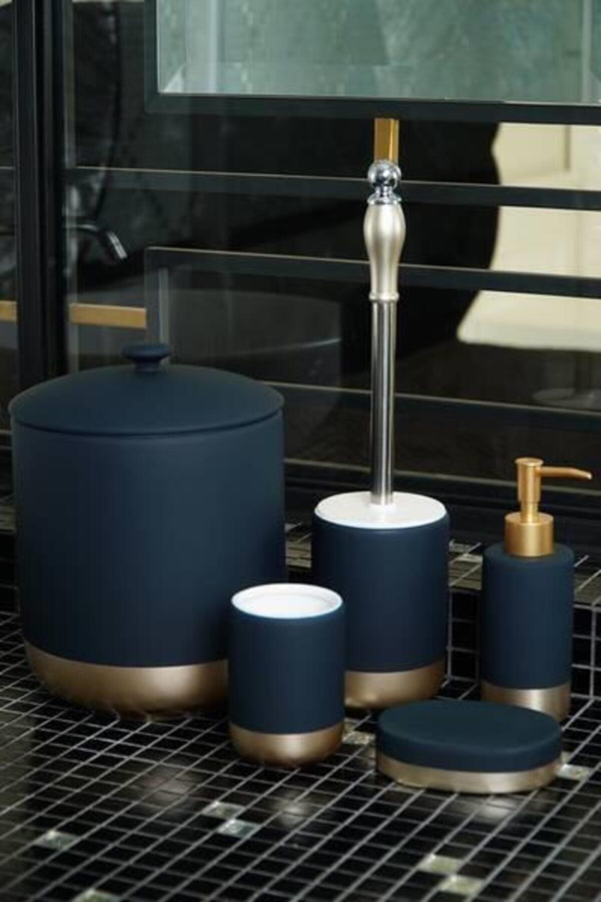 Stork 5 Pcs Matte Navy Blue Porcelain Gold Strip Bathroom Set 10898 - Swordslife