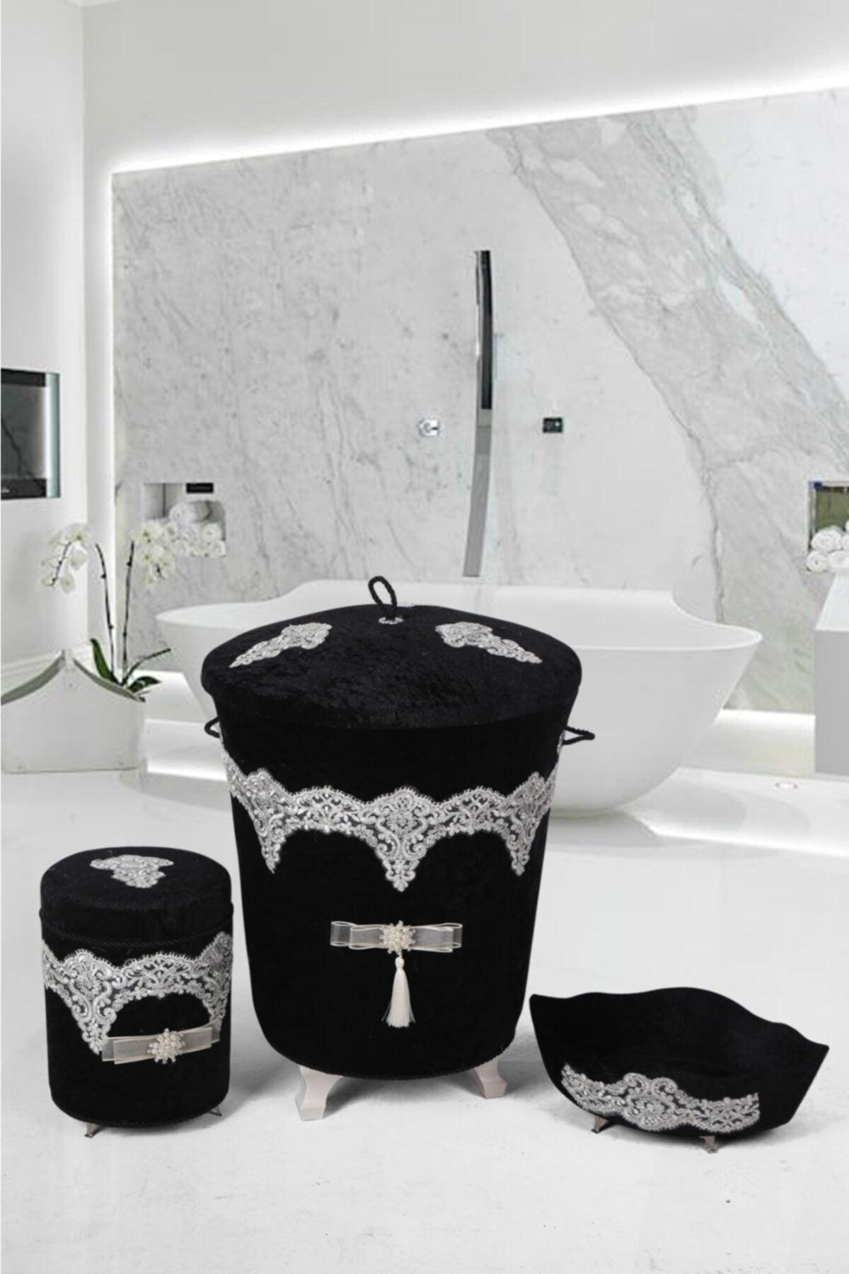 Luxury Black Velvet Bathroom Set Guipure Dirty Laundry Basket Set of 3 - Swordslife