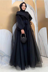 Women's Black Belted Tulle Evening Dress T 4693 - Swordslife