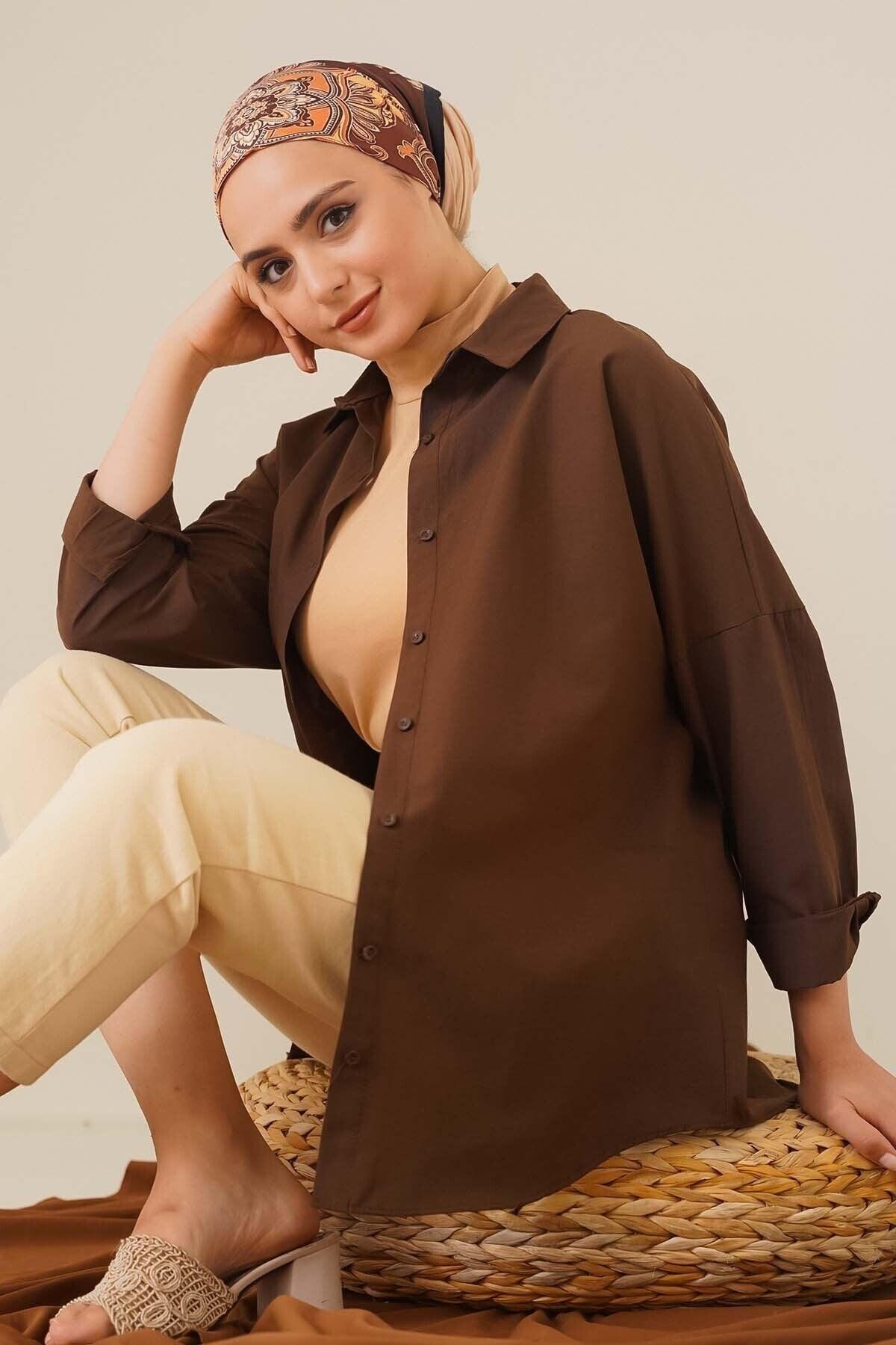 103901 Oversize Basic Hijab Shirt - Brown - Swordslife