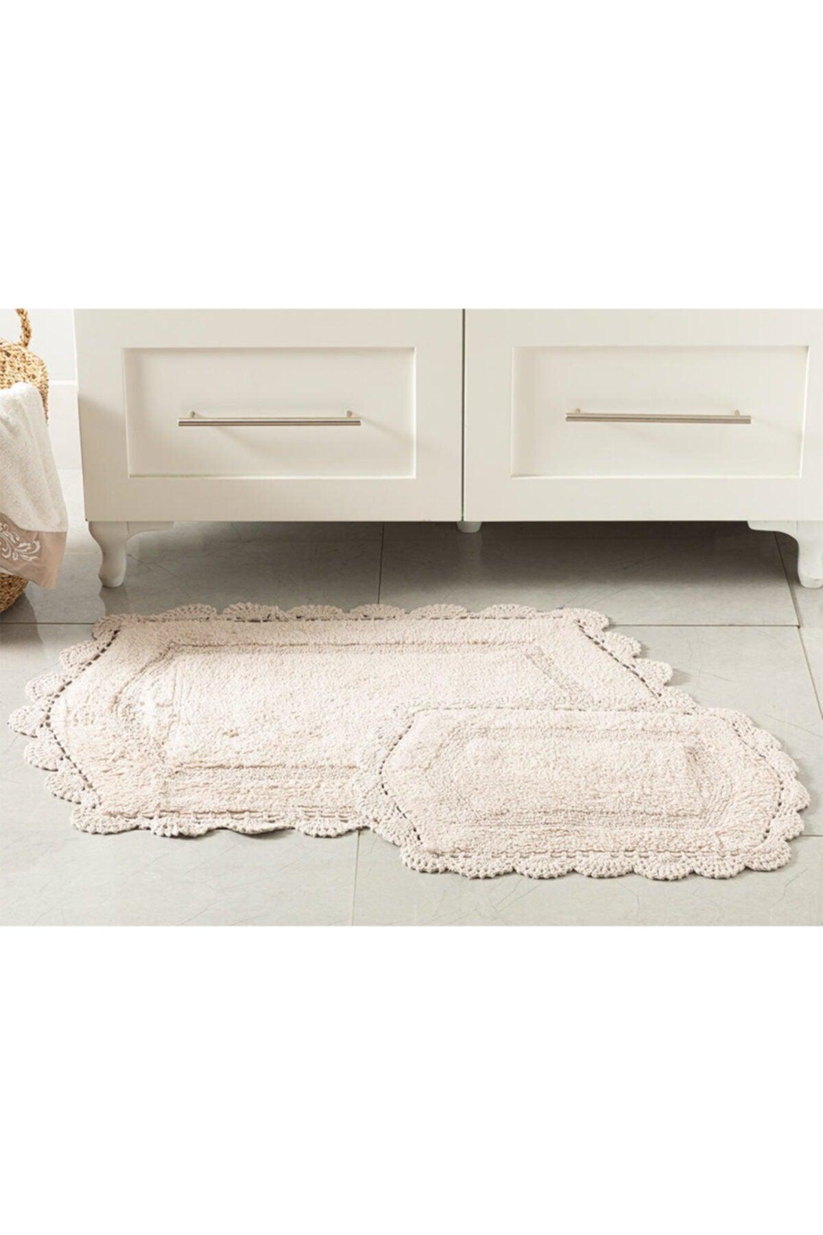 Mia Cotton Non-Slip Base Bath Mat Set 60x90-40x60 Cm Beige - Swordslife