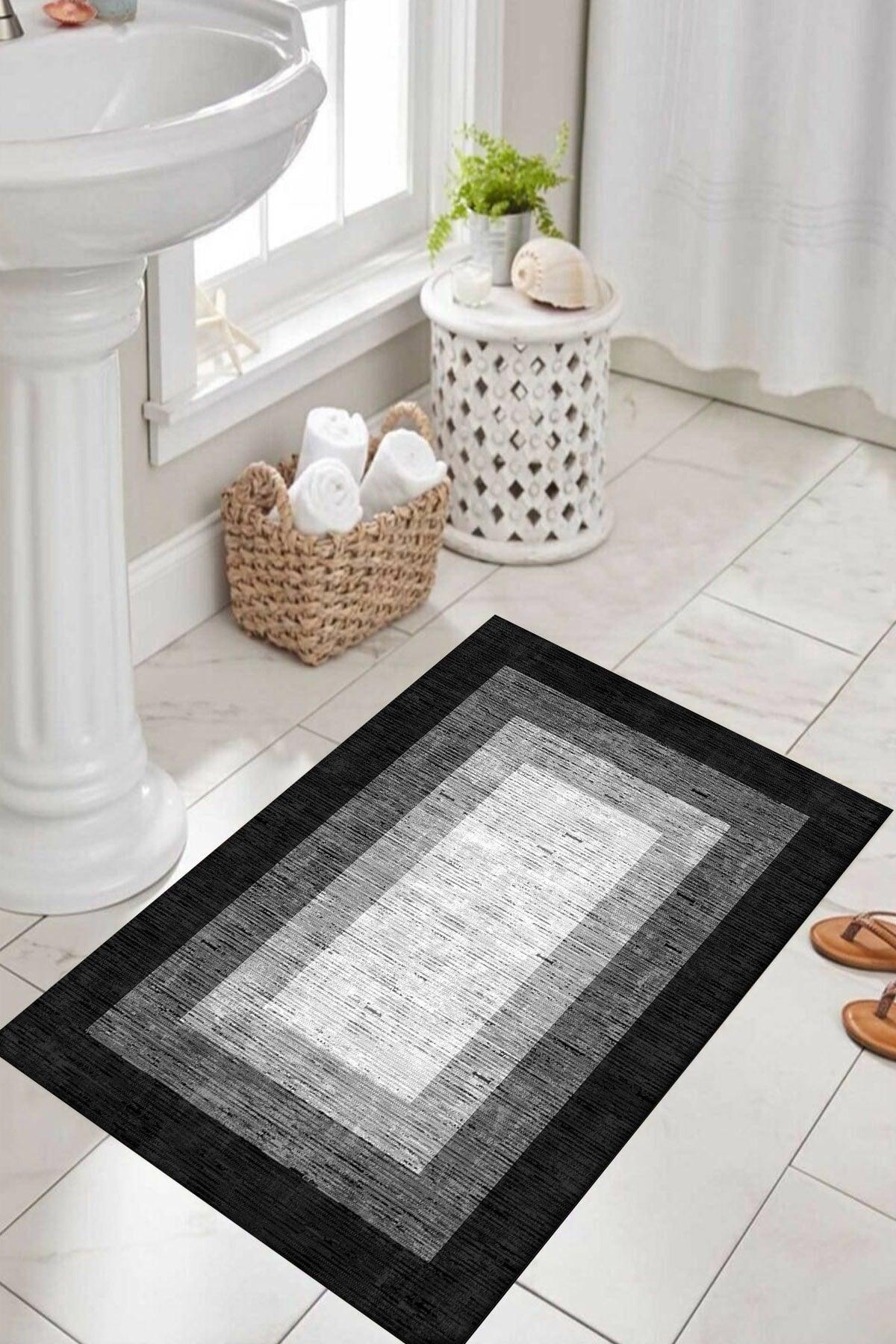 Else Gray Black White Boxed Patterned Washable Non-Slip Base Bath Mat Dts-3 - Swordslife