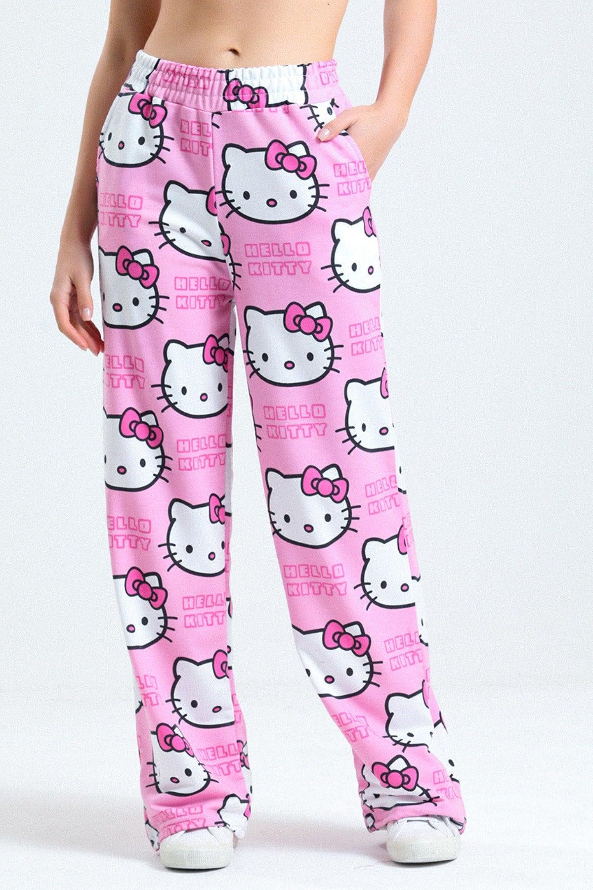 Unisex Pink Hello Kitty Cat Wide Leg Sweatpants - Swordslife