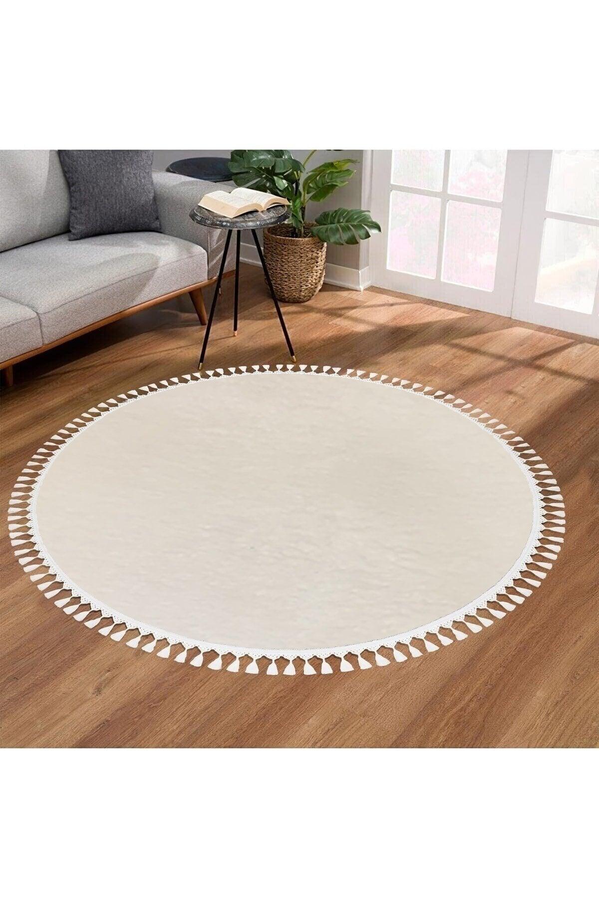 Dinarsu Fringed Single Round Post Plush Bath Mat Gel Non-Slip Base White 100 Cm - Swordslife