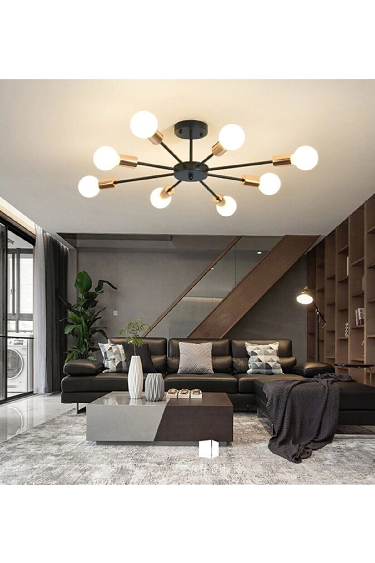 Yıldız Living Room - Kitchen - Cafe Model Ceiling Plate 8-Piece Chandelier (WITHOUT BULB)
