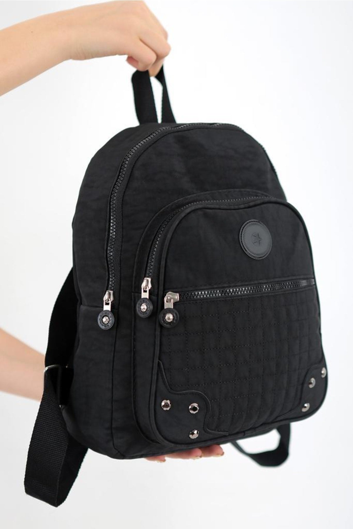 Unisex Black Crinkle Fabric Waterproof & Dirt-Resistant Backpack And School Bag