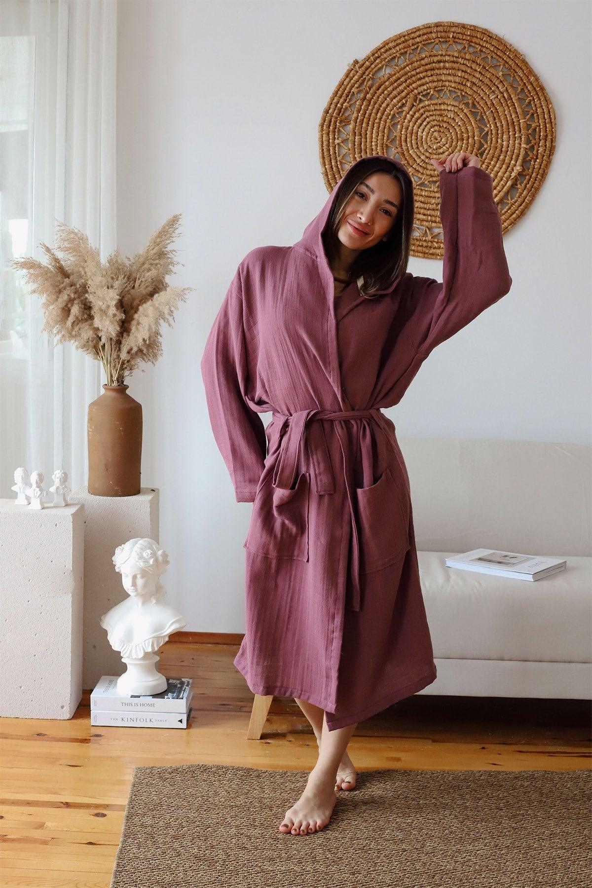 Adult Plain Muslin Bathrobe, Special Design 100% Cotton 2 Layer Hooded Claret Red - Swordslife