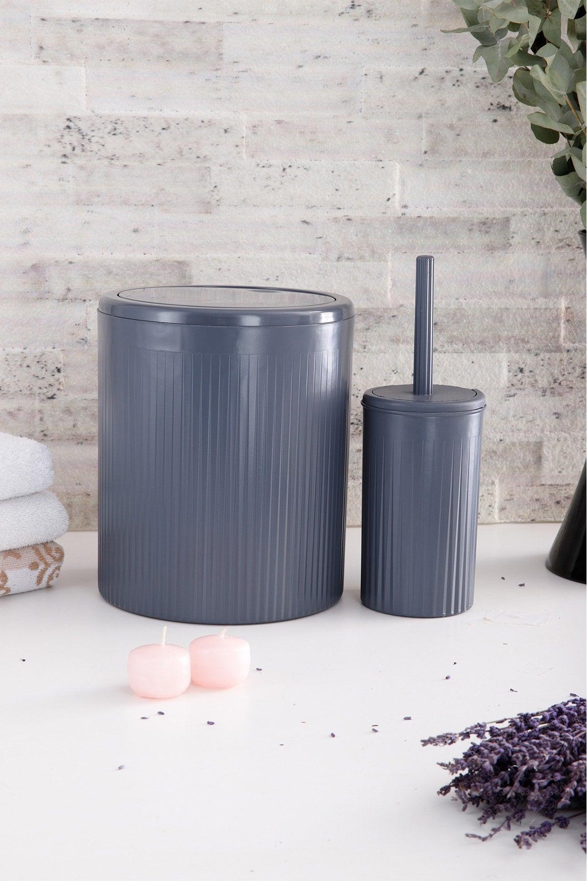 Gray Striped Round 2 Pcs Bathroom Set 2 Pcs Bathroom Set Dustbin Wc Brush Set - Swordslife