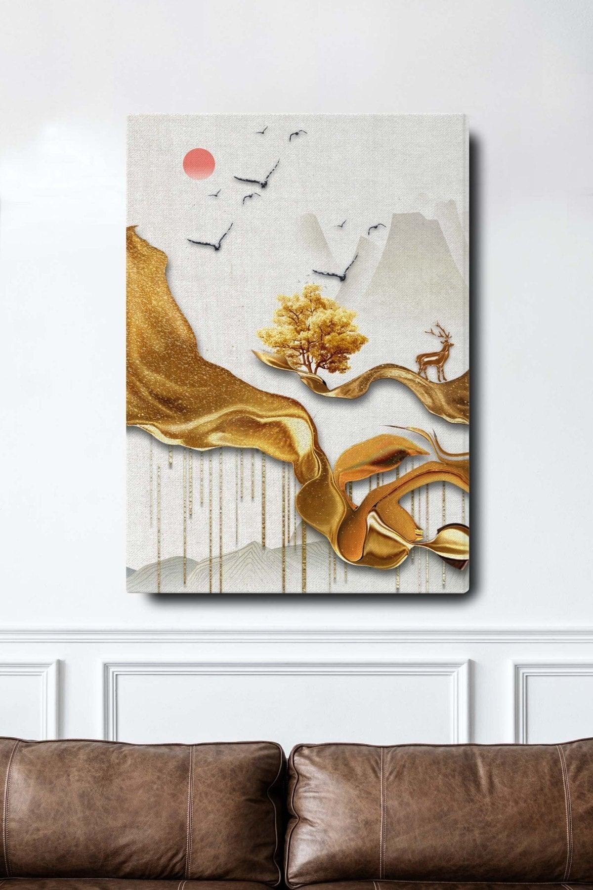 Decorative Abstract Golden Deer And Tree Surreal Canvas Wall Painting - Swordslife