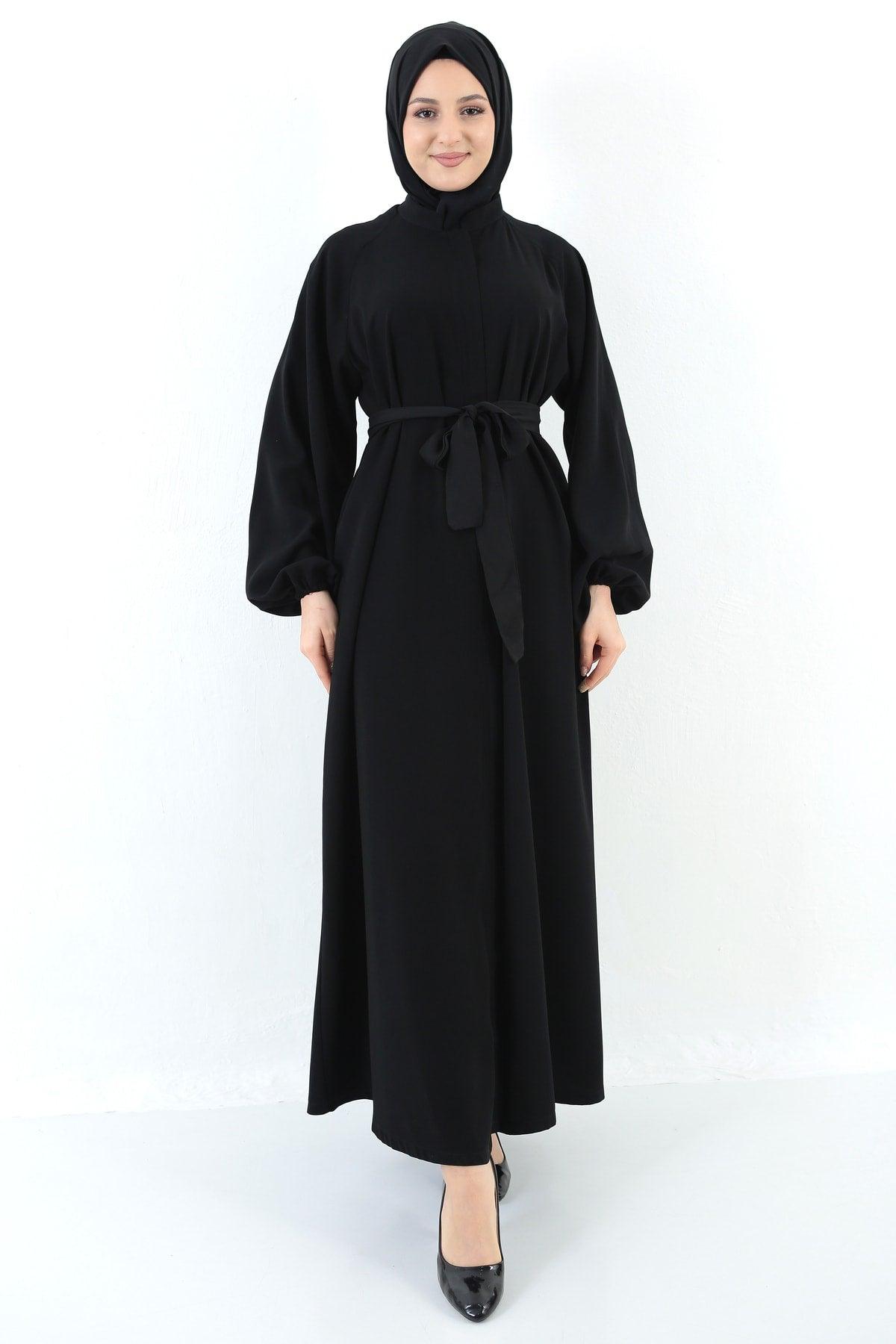 Women's Black Zippered Zippered Belted Pocket Abaya Hijab - Swordslife