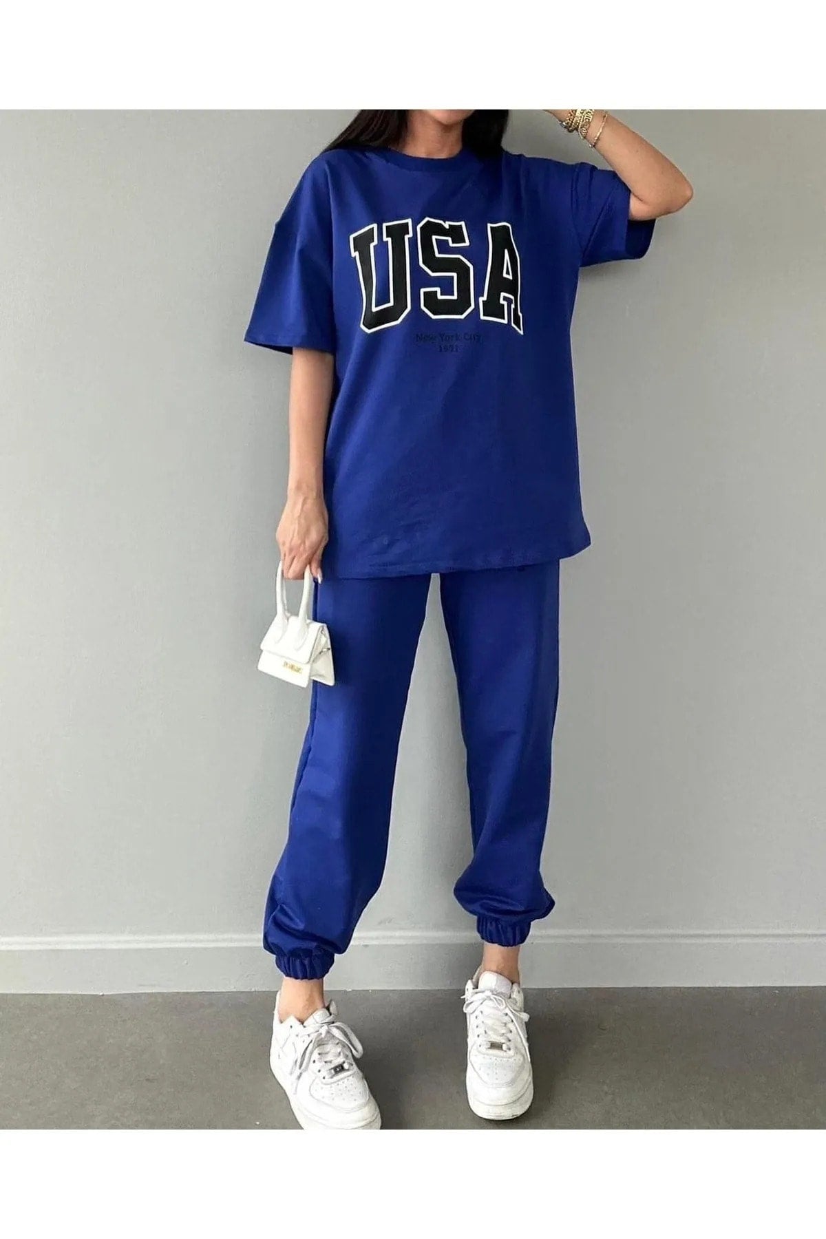 Usa T-shirt Sweatpants Jogger- Blue Printed Bottom Top Tracksuit Suit Oversize Crew Neck
