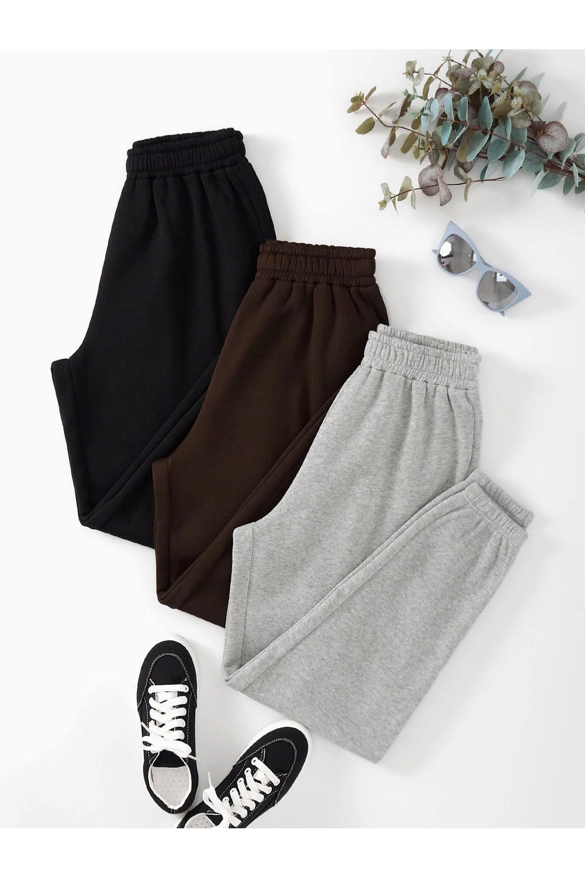 3-pack Jogger Sweatpants - Black, Gray And Brown, Elastic Leg, High Waist, Summer