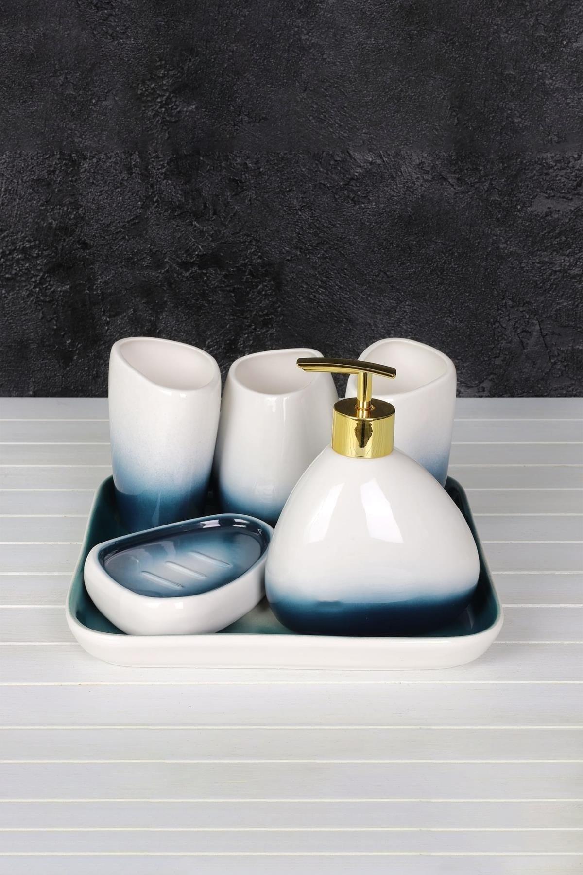 Porcelain Bathroom Set With Stand Wc Liquid Soap Dispenser Sink Set of 6 - Swordslife