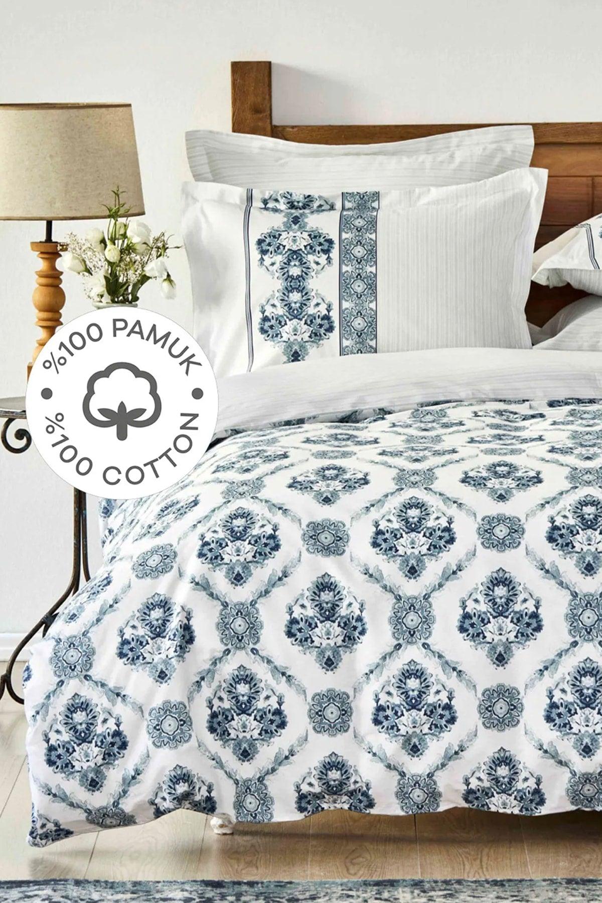 Vivane Blue 100% Cotton Double Duvet Cover Set - Swordslife