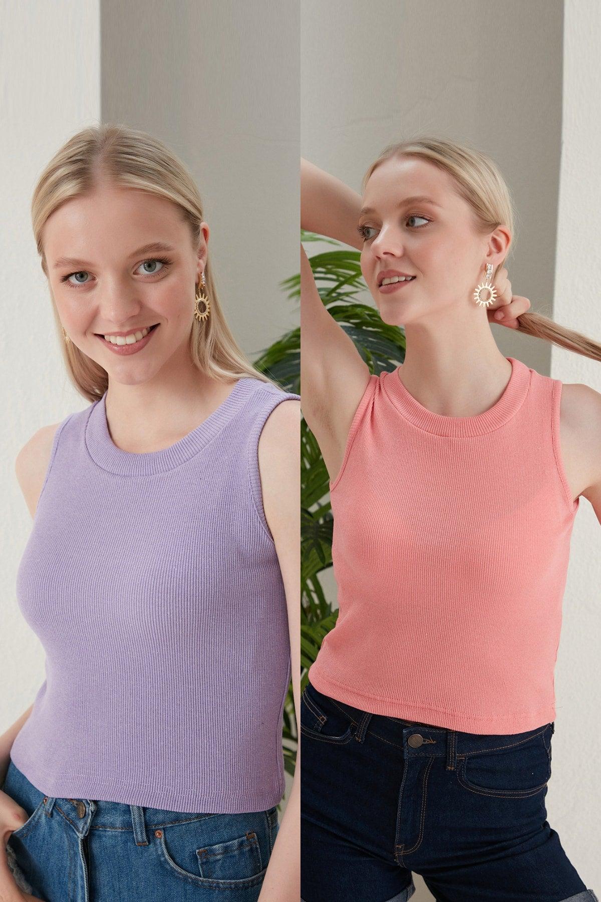 Women's Lilac Powder Halter Neck Ribbed 2-Pack Crop Blouse - Swordslife