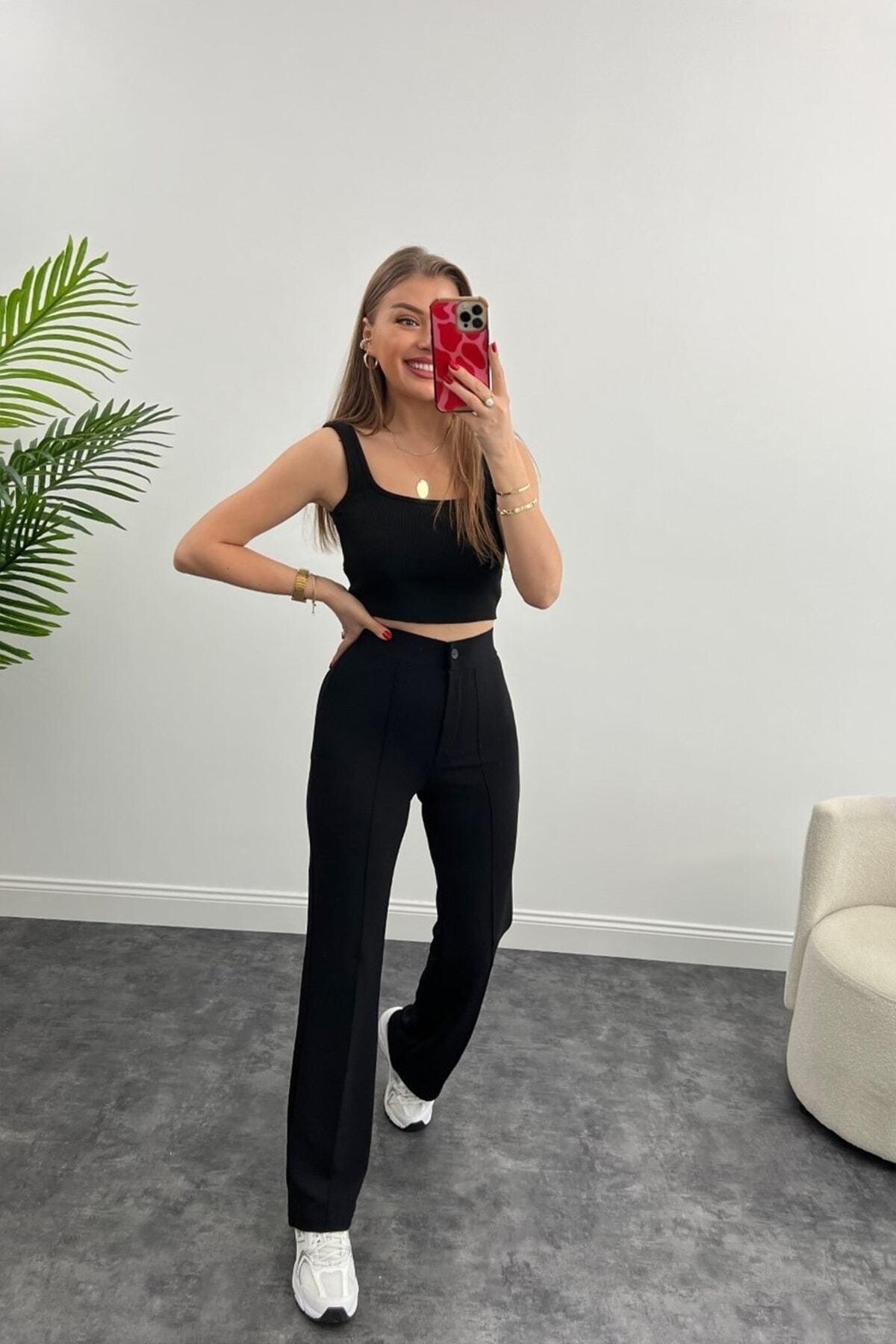 Ultra High Waist Fabric Lycra Palazzo Trousers Black - Swordslife