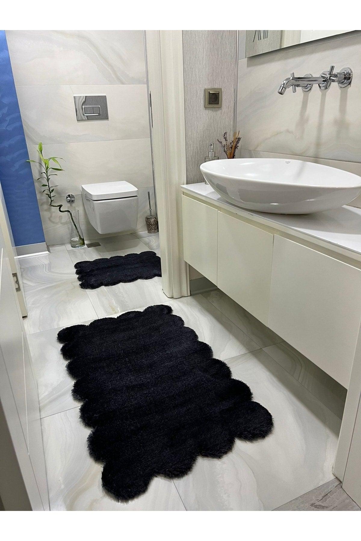 Laser Cut 2 Piece Bath Mat Black Plush Carpet - Swordslife