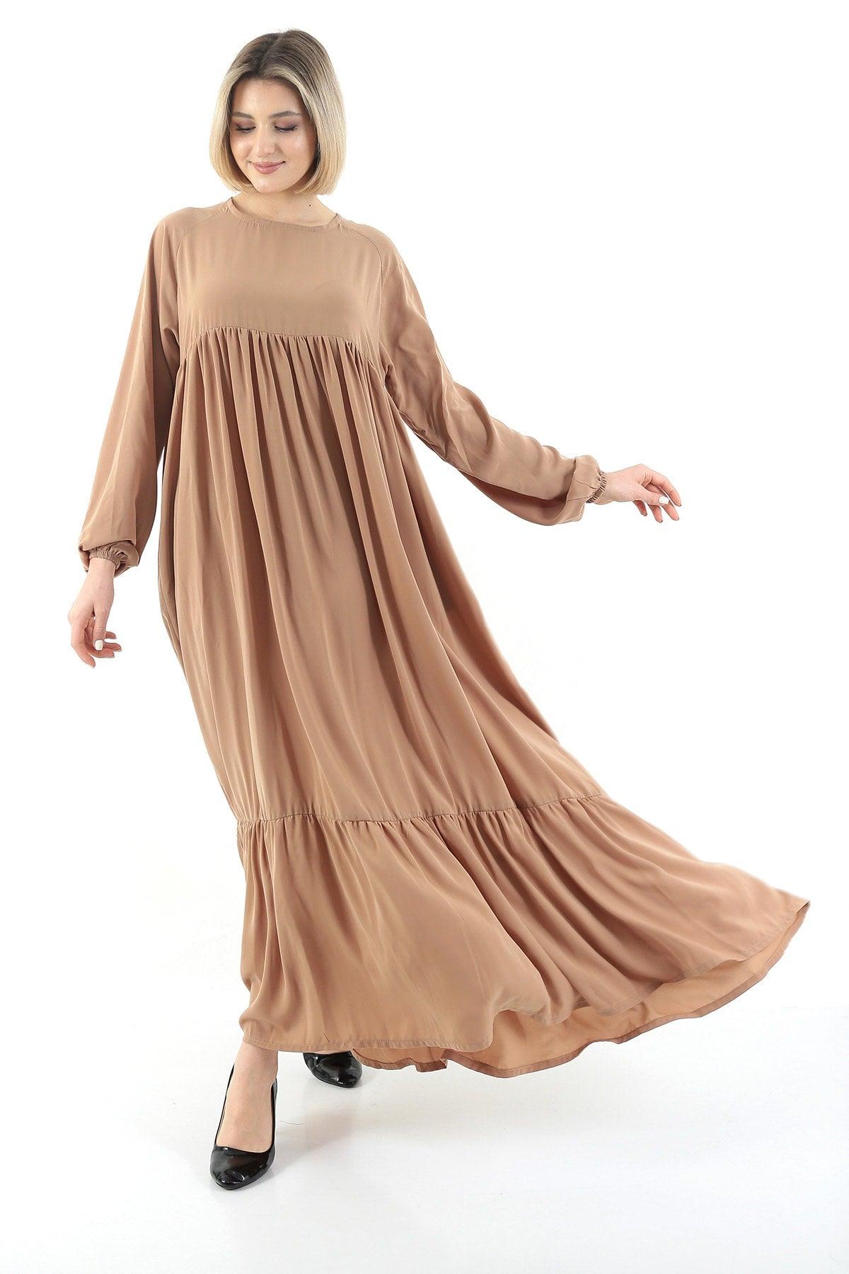 Almond Crew Neck Relaxed Fit Elastic Sleeve Side Pockets Pleated Robe Dress - Swordslife