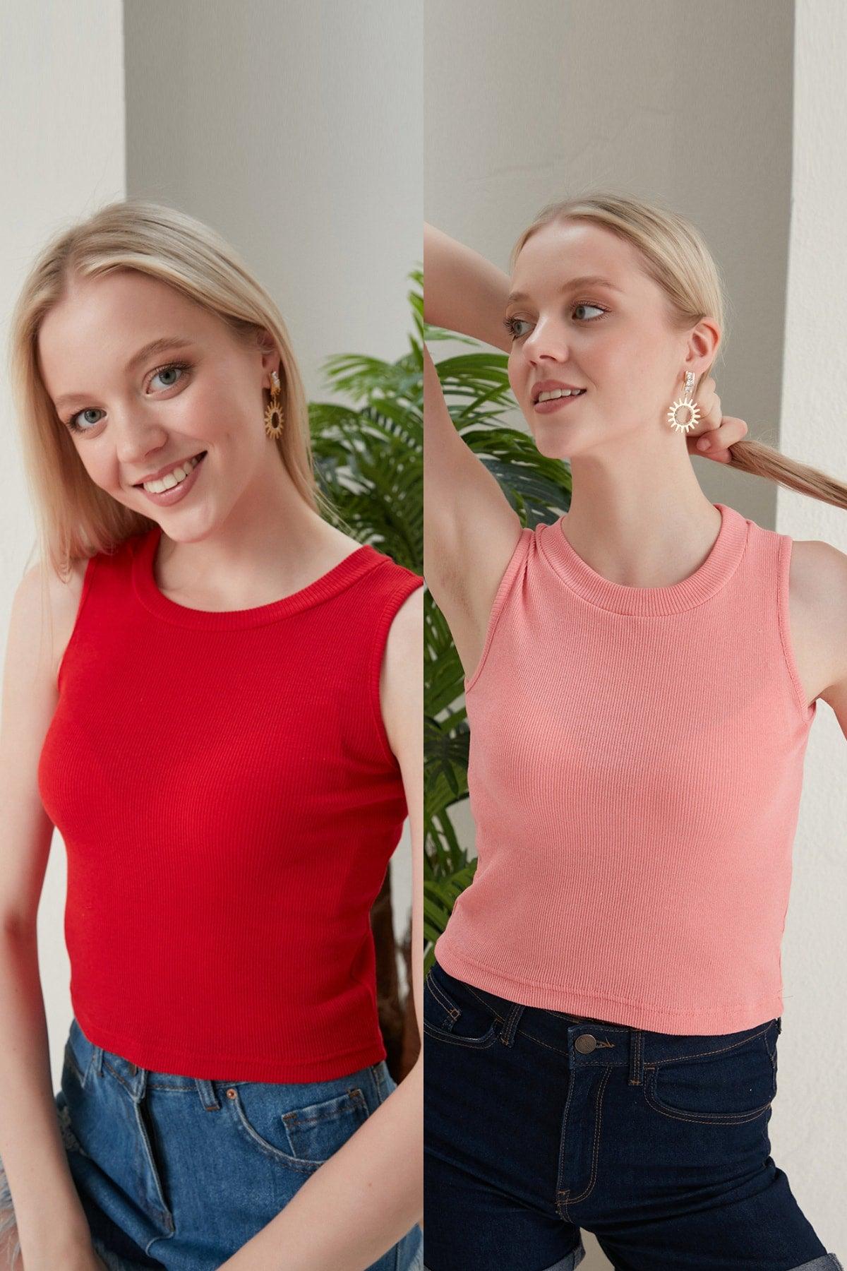 Women's Powder Red Halter Neck Corduroy 2-Pack Crop Blouse - Swordslife